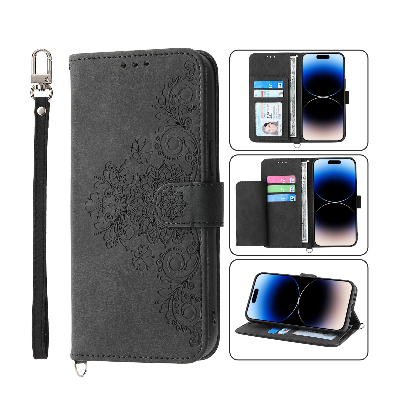 For iPhone 14 Pro Skin-feel Flowers Embossed Wallet Leather Phone Case(Black) For iPhone 14 Pro Skin-feel Flowers Embossed Wallet Leather Phone Case(Black)