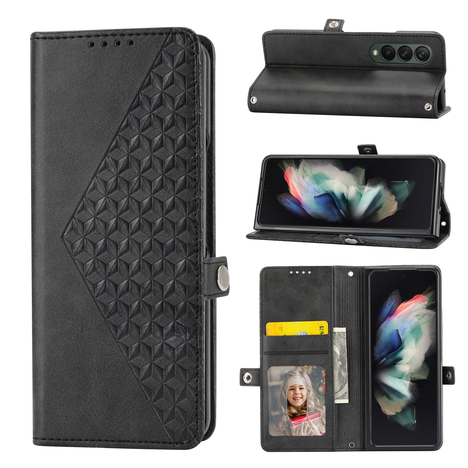 For Samsung Galaxy Z Fold4 Cubic Grid Calf Texture Leather Phone Case(Black) For Samsung Galaxy Z Fold4 Cubic Grid Calf Texture Leather Phone Case(Black)
