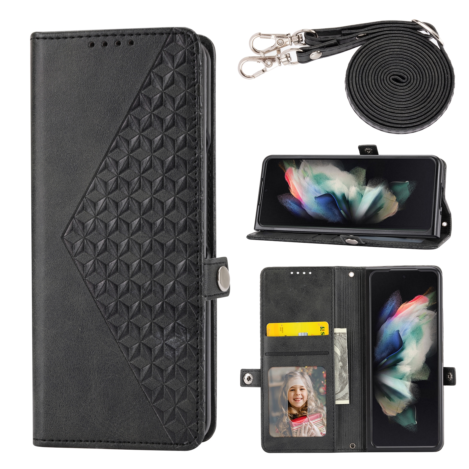 For Samsung Galaxy Z Fold4 Cubic Grid Calf Texture Leather Phone Case with Neck Lanyard(Black) For Samsung Galaxy Z Fold4 Cubic Grid Calf Texture Leather Phone Case with Neck Lanyard(Black)