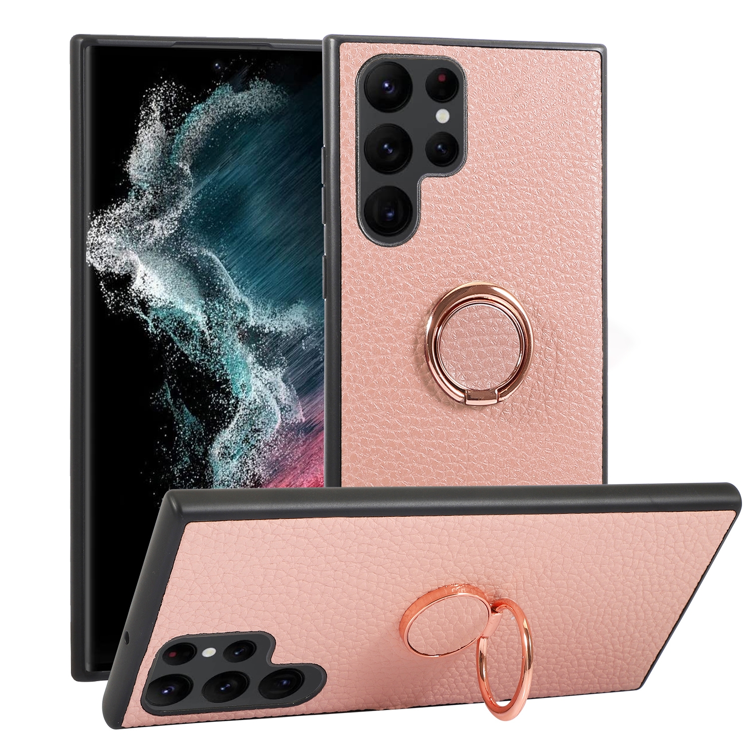 For Samsung Galaxy S22 Ultra 5G Litchi Texture Magnetic Phone Case with Ring Holder(Pink) For Samsung Galaxy S22 Ultra 5G Litchi Texture Magnetic Phone Case with Ring Holder(Pink)