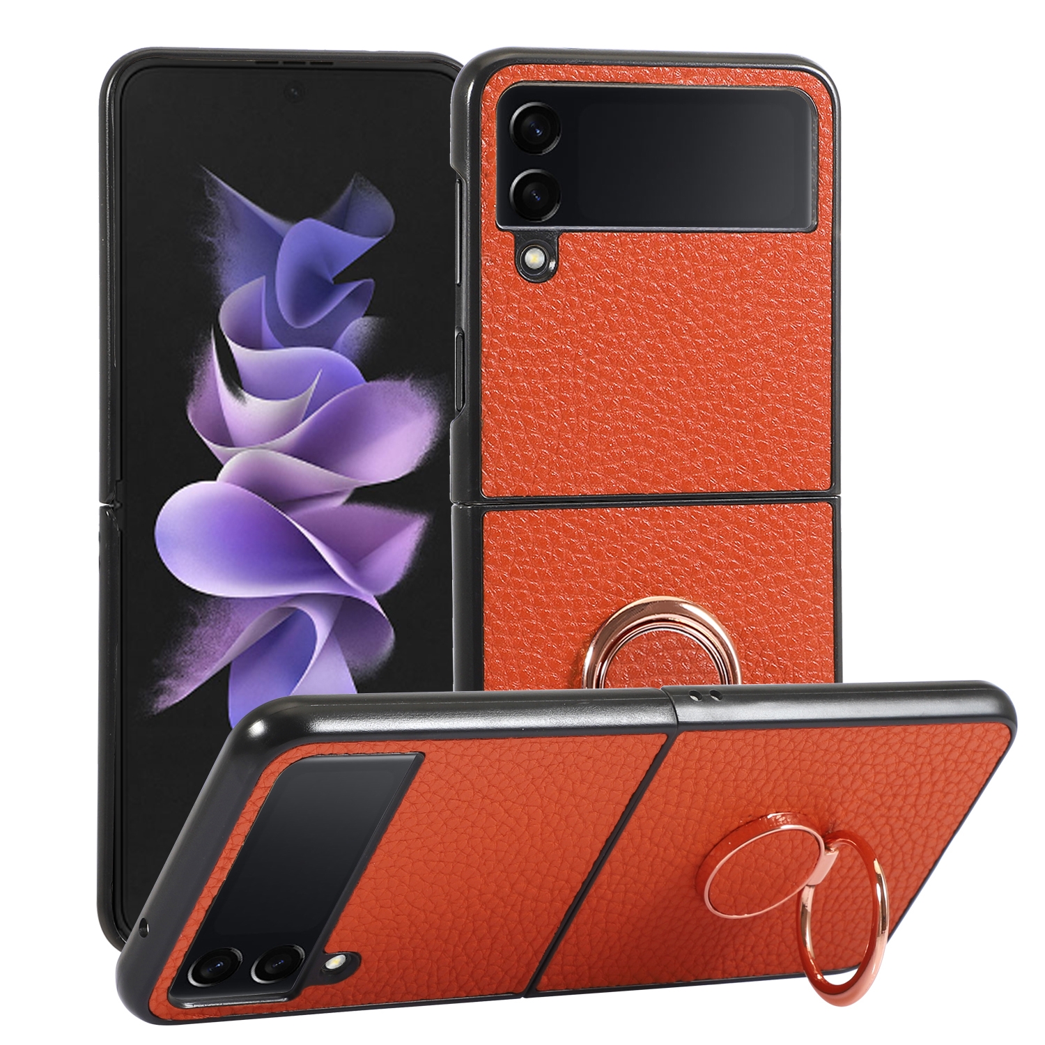 For Samsung Galaxy Z Flip4 Litchi Texture Magnetic Phone Case with Ring Holder(Orange) For Samsung Galaxy Z Flip4 Litchi Texture Magnetic Phone Case with Ring Holder(Orange)