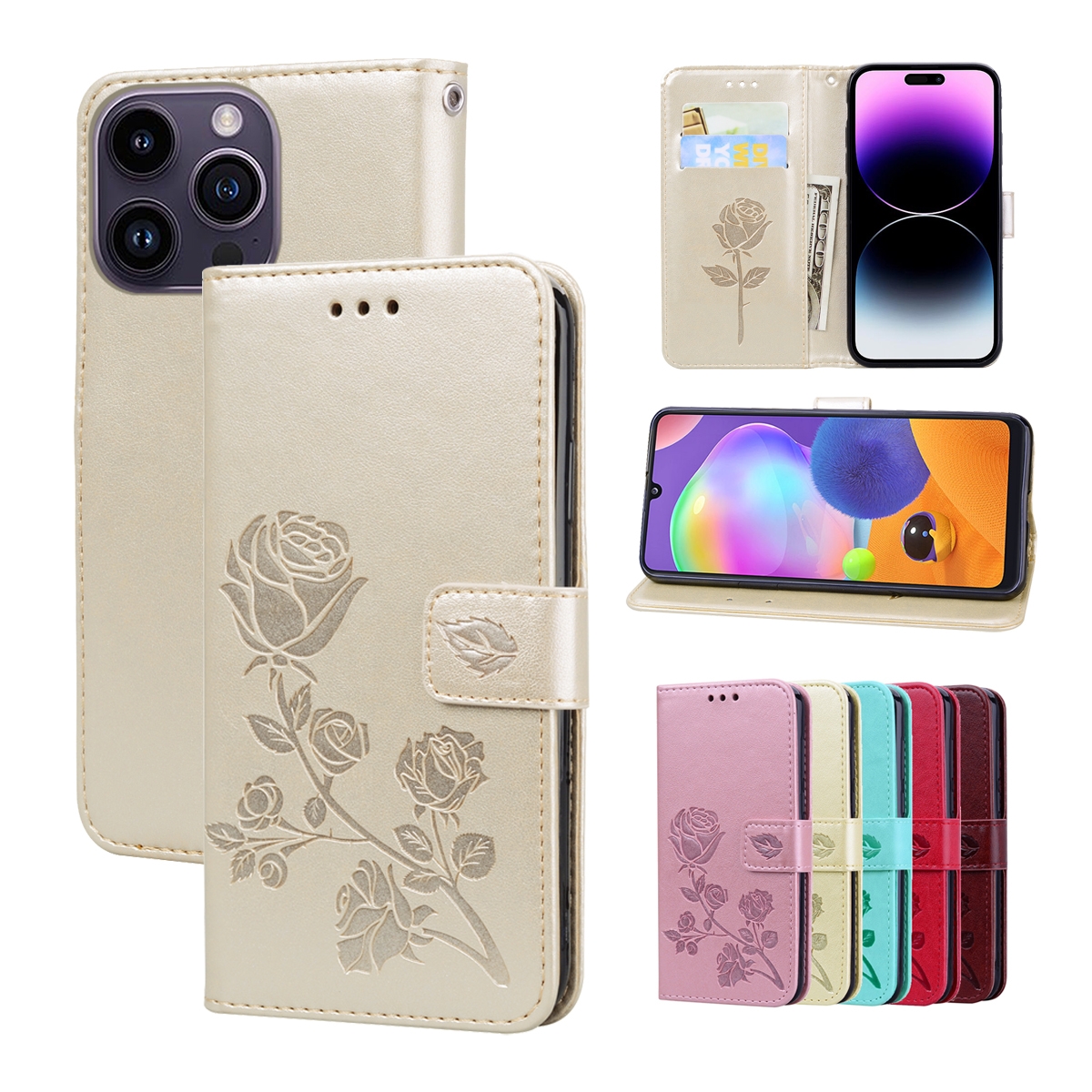 For iPhone 14 Pro Rose Embossed Flip PU Leather Phone Case(Gold) For iPhone 14 Pro Rose Embossed Flip PU Leather Phone Case(Gold)