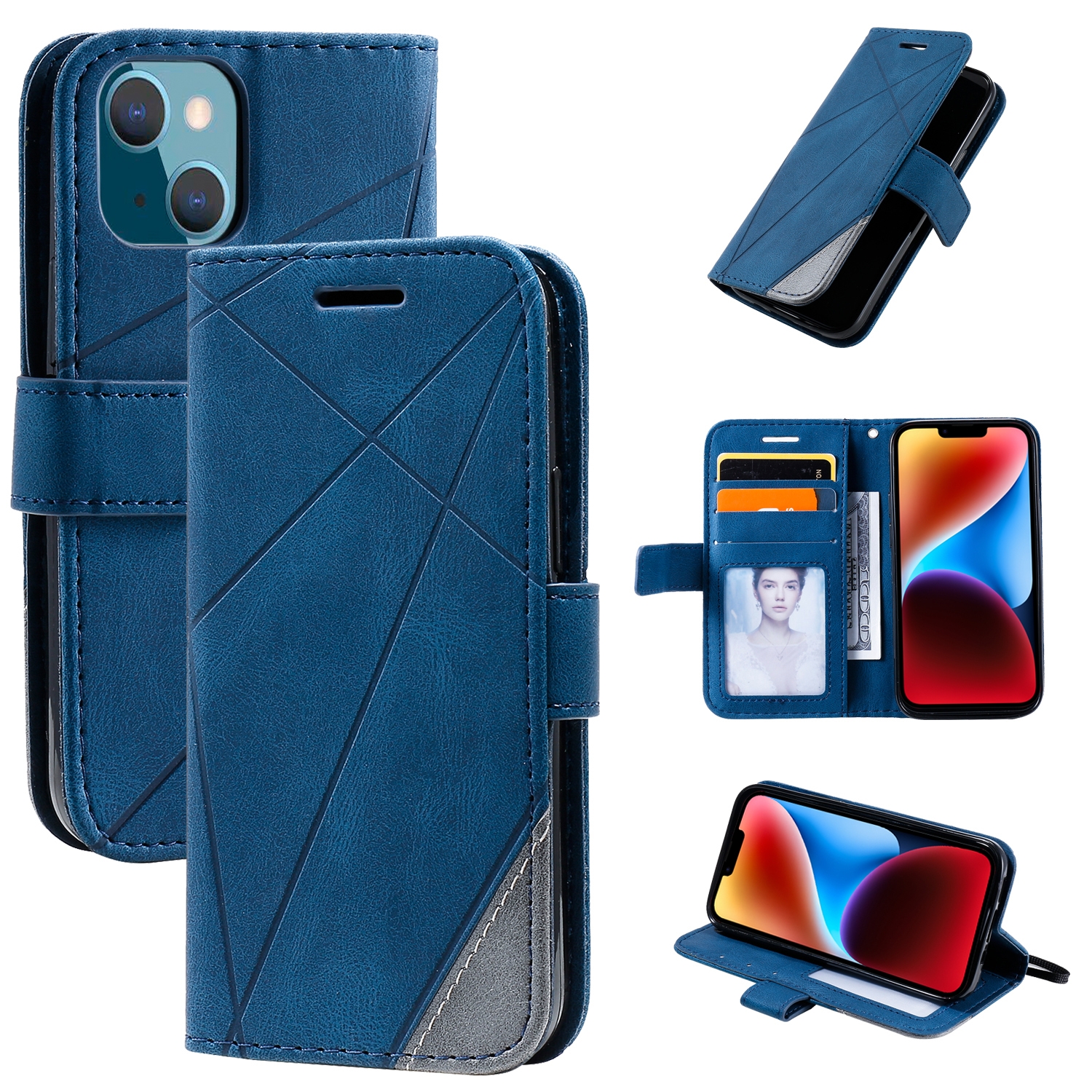 For iPhone 14 Skin Feel Splicing Leather Phone Case(Blue) For iPhone 14 Skin Feel Splicing Leather Phone Case(Blue)