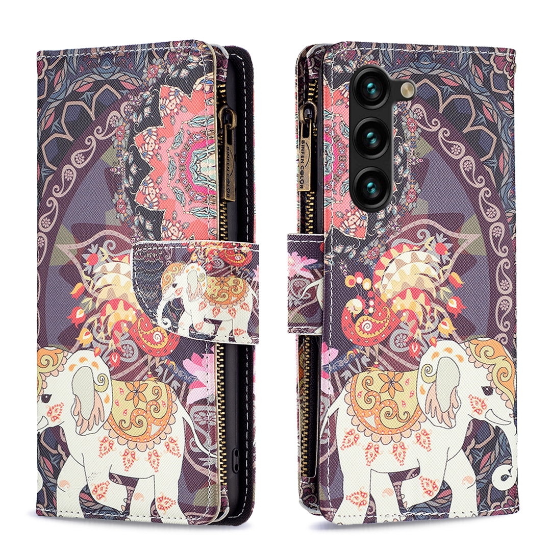 For Samsung Galaxy S23+ 5G Colored Drawing Pattern Zipper Leather Phone Case(Flower Elephants) For Samsung Galaxy S23+ 5G Colored Drawing Pattern Zipper Leather Phone Case(Flower Elephants)