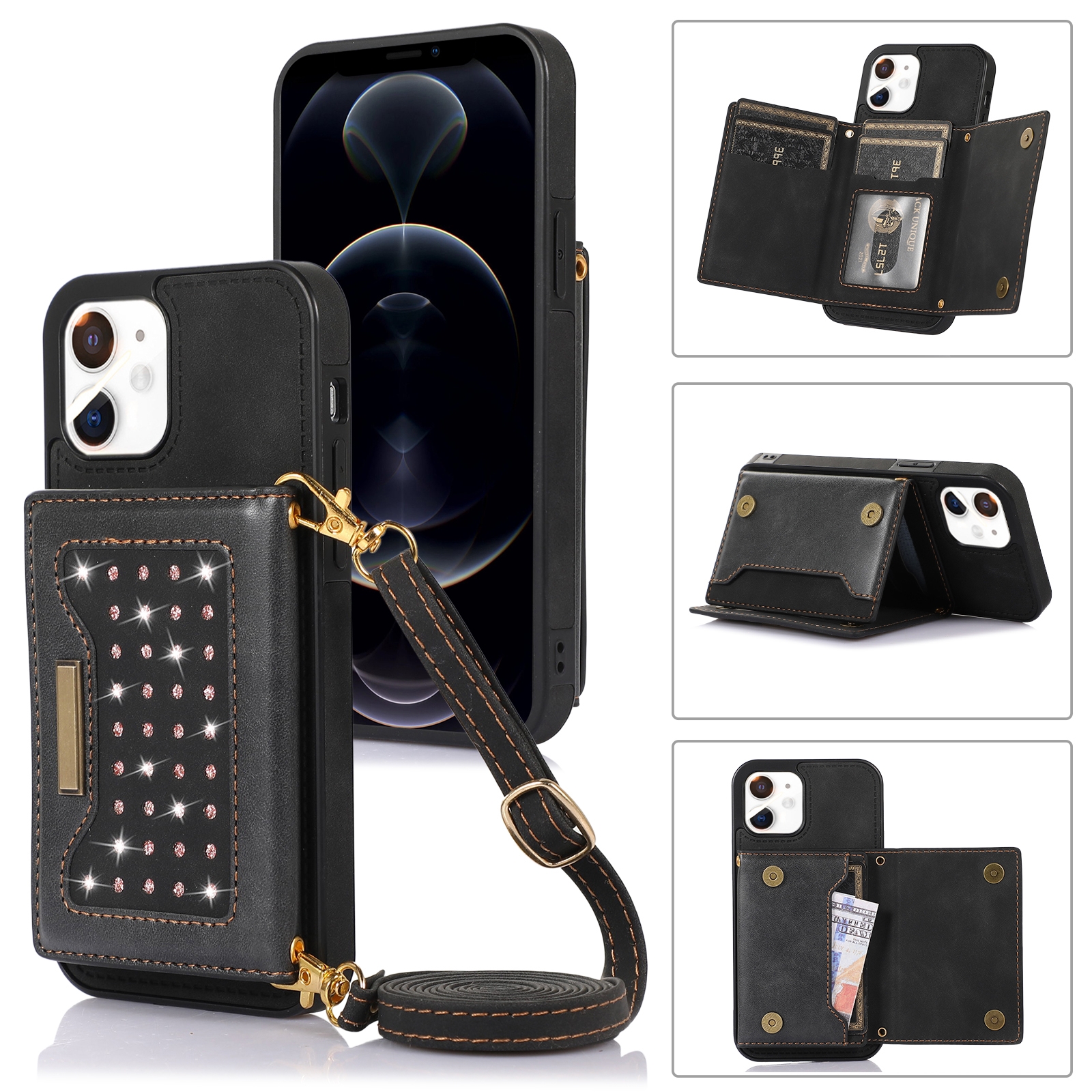 For iPhone 12 Three-fold RFID Leather Phone Case with Lanyard(Black) For iPhone 12 Three-fold RFID Leather Phone Case with Lanyard(Black)