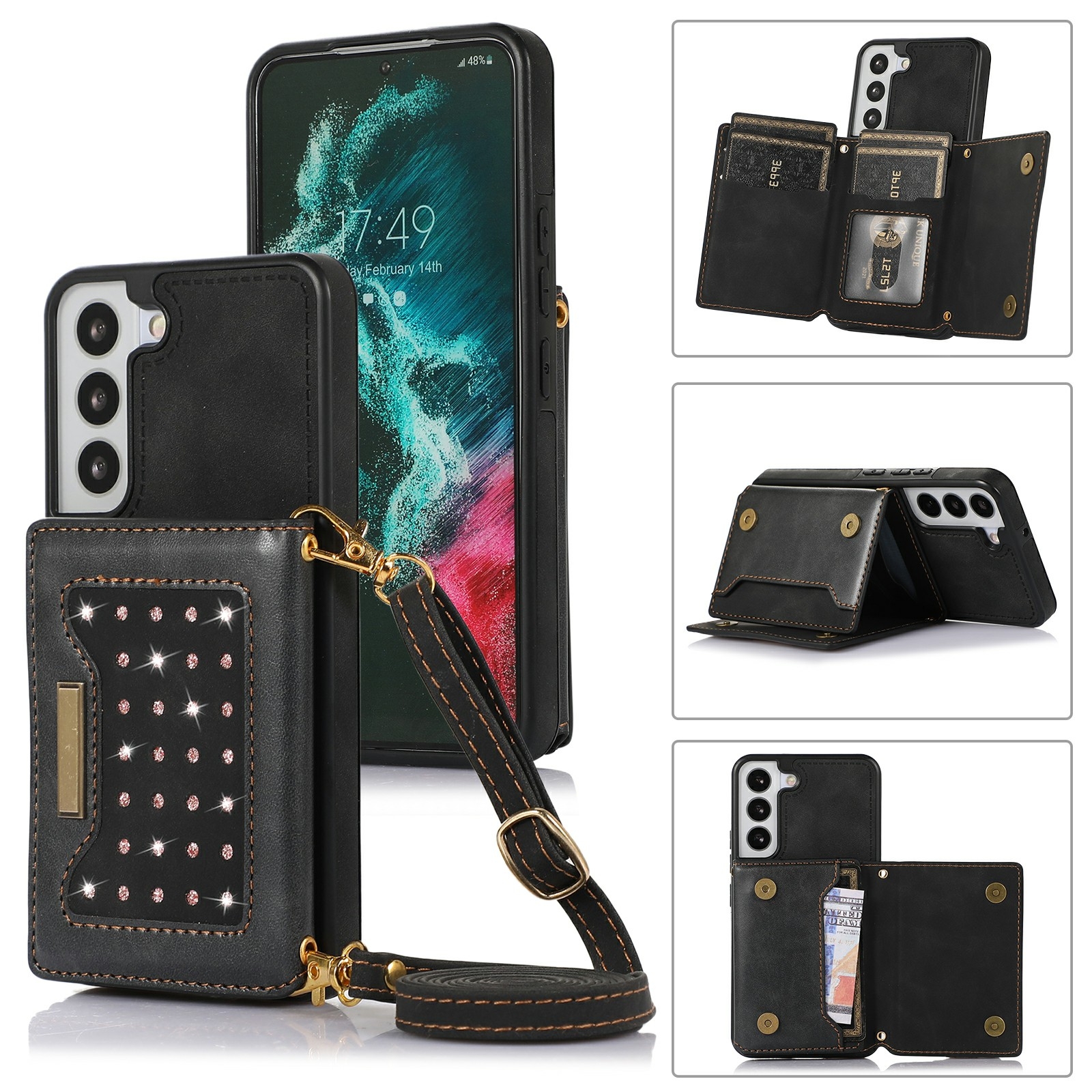For Samsung Galaxy S22 Three-fold RFID Leather Phone Case with Lanyard(Black) For Samsung Galaxy S22 Three-fold RFID Leather Phone Case with Lanyard(Black)