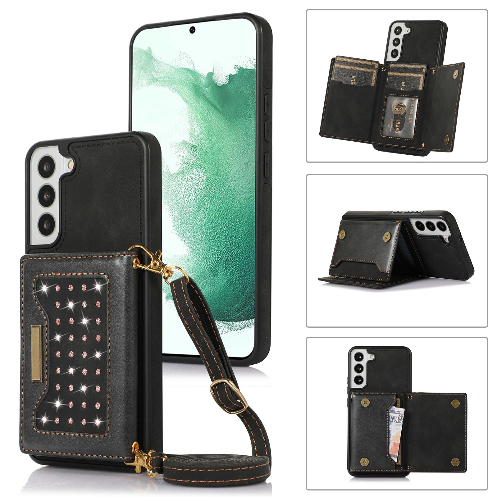 For Samsung Galaxy S22+ Three-fold RFID Leather Phone Case with Lanyard(Black) For Samsung Galaxy S22+ Three-fold RFID Leather Phone Case with Lanyard(Black)