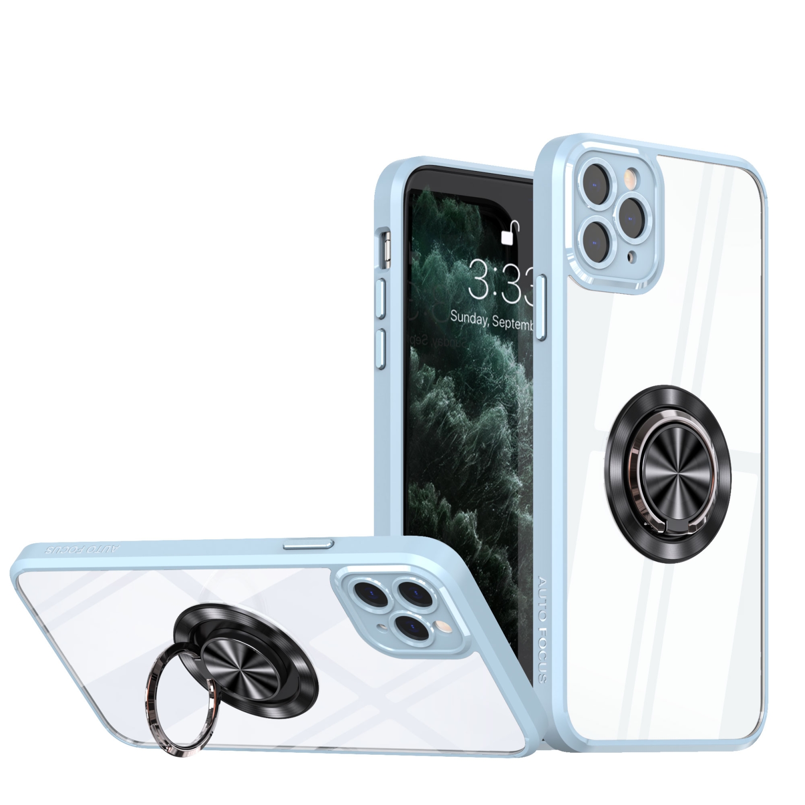For iPhone 11 Pro Max Cool Armor Ring Holder Transparent Phone Case(Blue) For iPhone 11 Pro Max Cool Armor Ring Holder Transparent Phone Case(Blue)