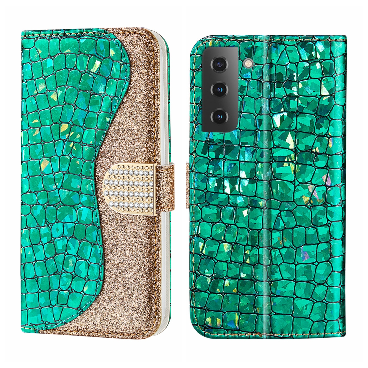 For Samsung Galaxy S23+ 5G Laser Glitter Powder Crocodile Texture Leather Phone Case(Green) For Samsung Galaxy S23+ 5G Laser Glitter Powder Crocodile Texture Leather Phone Case(Green)