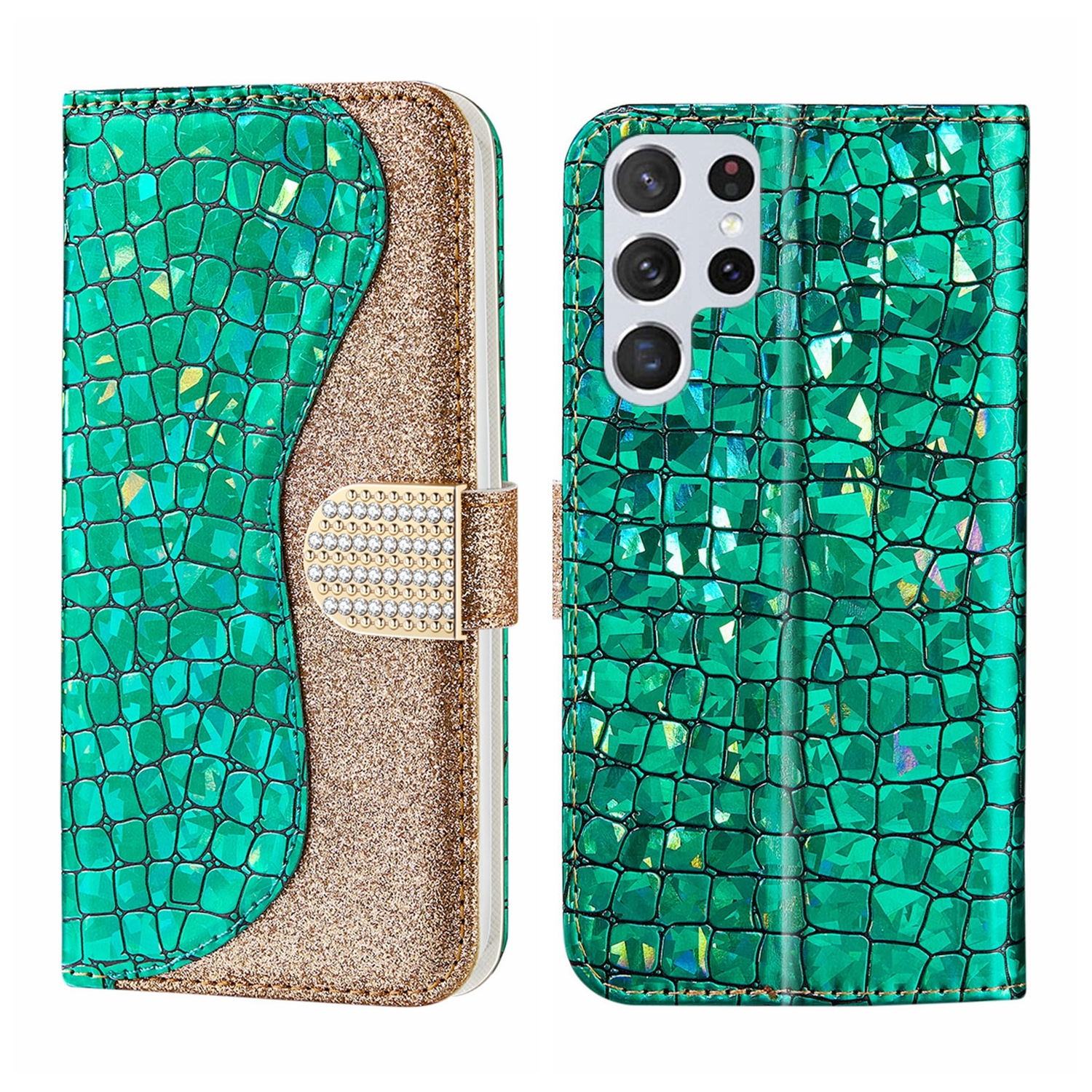 For Samsung Galaxy S23 Ultra 5G Laser Glitter Powder Crocodile Texture Leather Phone Case(Green) For Samsung Galaxy S23 Ultra 5G Laser Glitter Powder Crocodile Texture Leather Phone Case(Green)