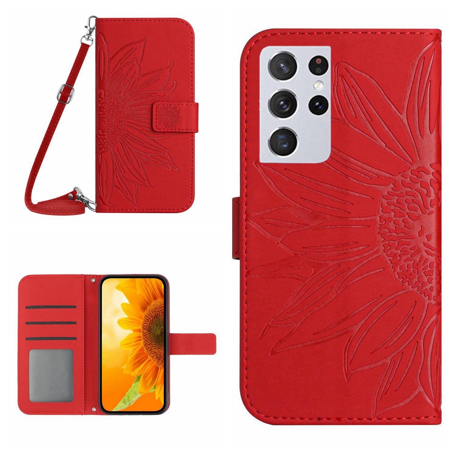 For Samsung Galaxy S21 Ultra 5G Skin Feel Sun Flower Pattern Flip Leather Phone Case with Lanyard(Red) For Samsung Galaxy S21 Ultra 5G Skin Feel Sun Flower Pattern Flip Leather Phone Case with Lanyard(Red)