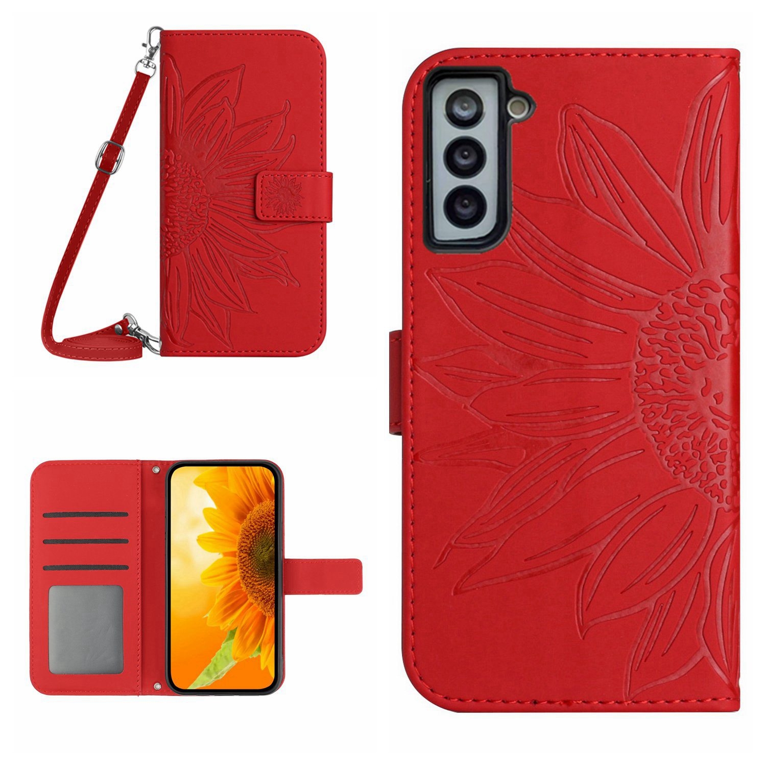 For Samsung Galaxy S22 5G Skin Feel Sun Flower Pattern Flip Leather Phone Case with Lanyard(Red) For Samsung Galaxy S22 5G Skin Feel Sun Flower Pattern Flip Leather Phone Case with Lanyard(Red)