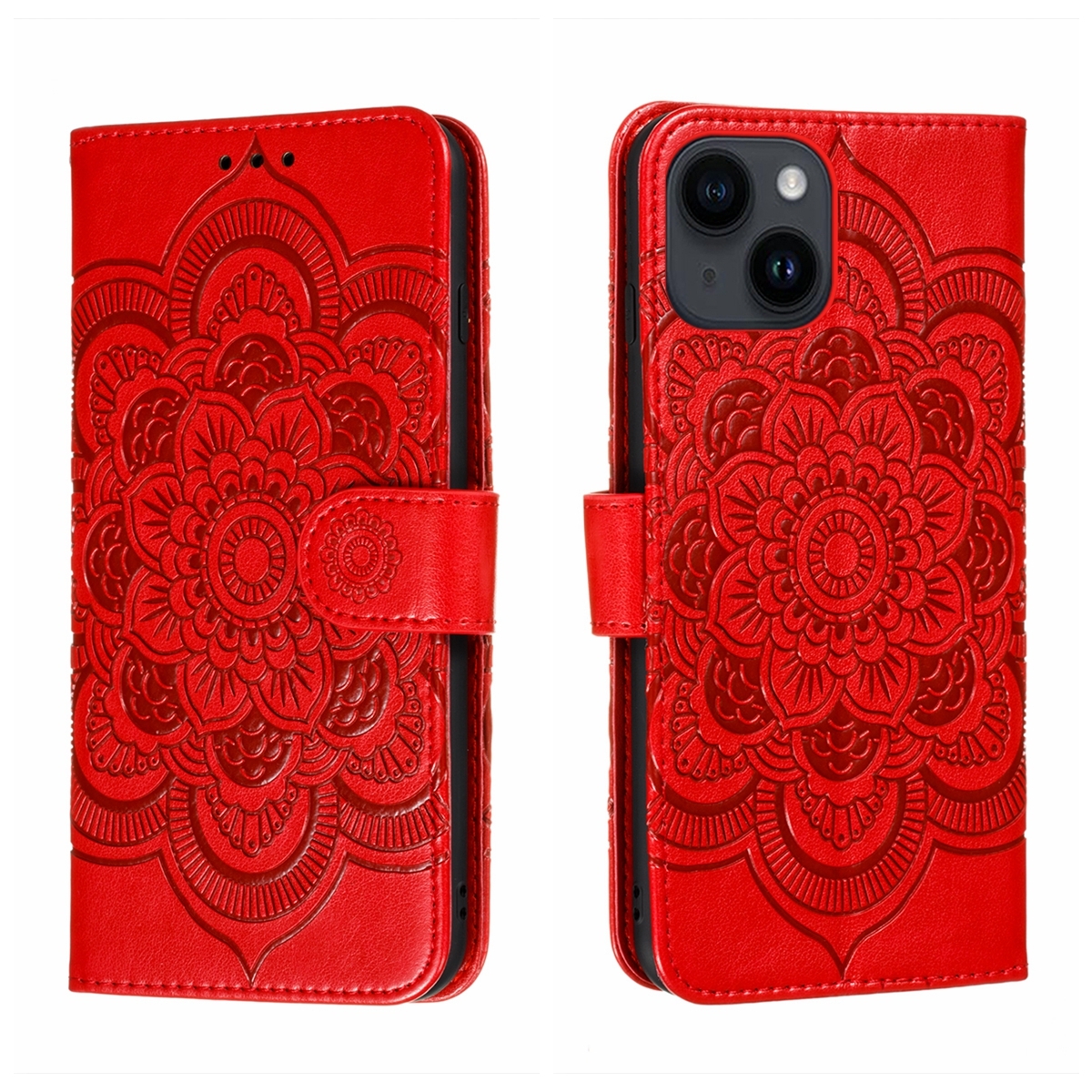 For iPhone 14 Plus Sun Mandala Embossing Leather Phone Case(Red) For iPhone 14 Plus Sun Mandala Embossing Leather Phone Case(Red)