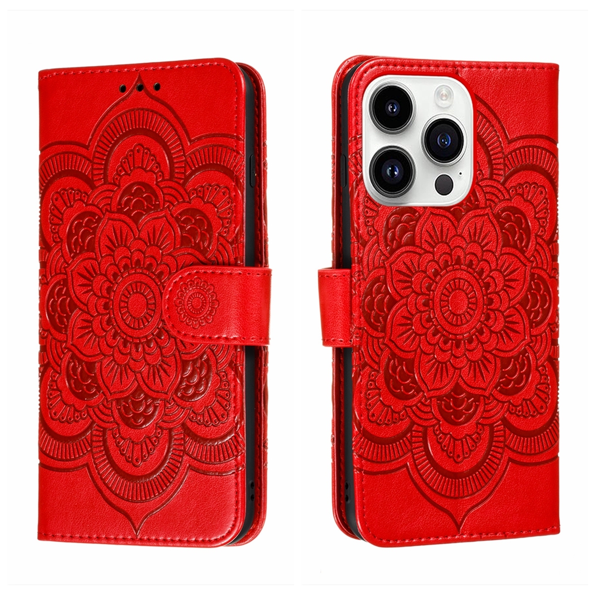 For iPhone 14 Pro Sun Mandala Embossing Leather Phone Case(Red) For iPhone 14 Pro Sun Mandala Embossing Leather Phone Case(Red)