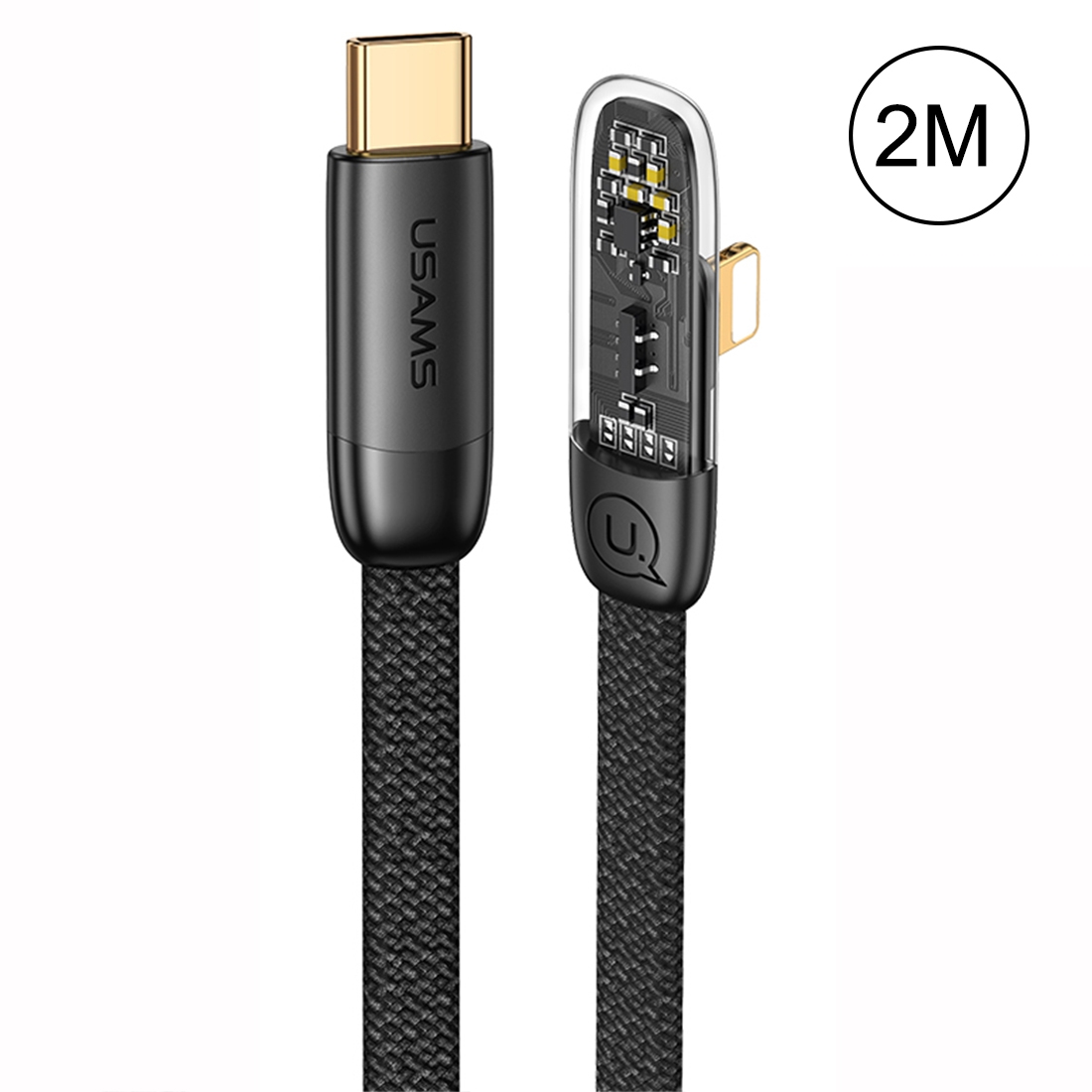 USAMS US-SJ586 PD 20W Iceflake Series Type-C to 8 Pin Right Angle Transparent Fast Charge Data Cable, Cable Length:2m(Black)
