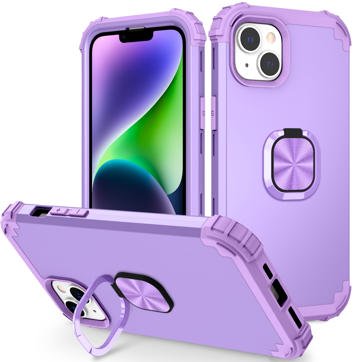 For iPhone 14 Plus 3 in 1 Ring Holder Soft Silicone Hard PC Phone Case(Purple) For iPhone 14 Plus 3 in 1 Ring Holder Soft Silicone Hard PC Phone Case(Purple)