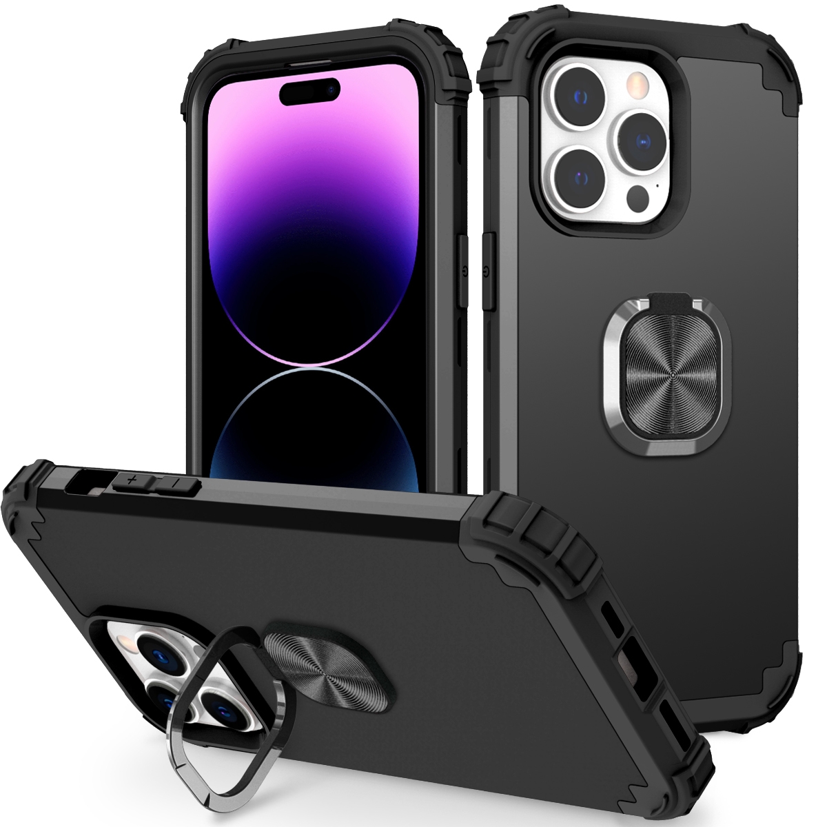 For iPhone 14 Pro 3 in 1 Ring Holder Soft Silicone Hard PC Phone Case(Black) For iPhone 14 Pro 3 in 1 Ring Holder Soft Silicone Hard PC Phone Case(Black)