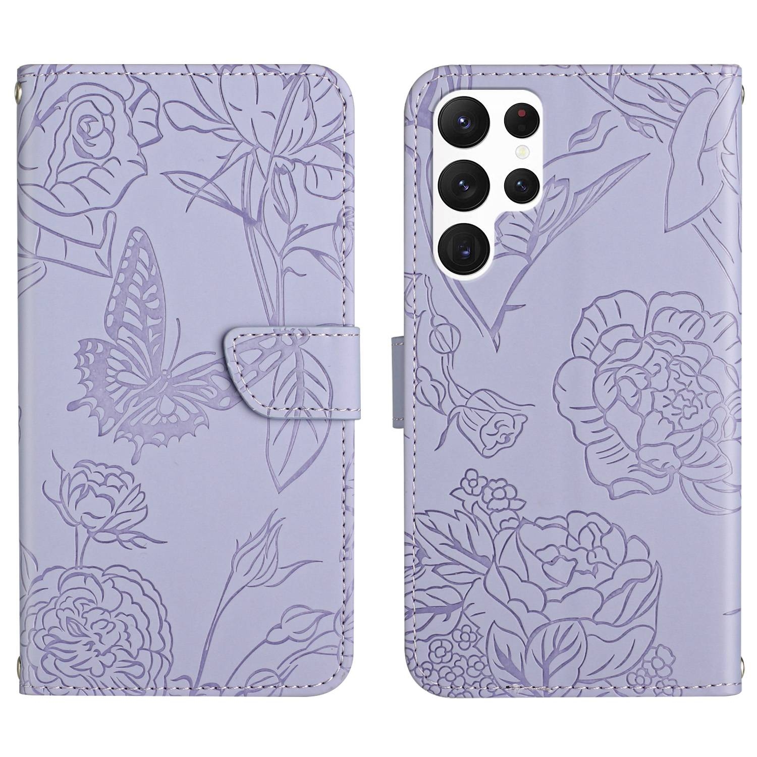 For Samsung Galaxy S23 Ultra 5G HT03 Skin Feel Butterfly Embossed Flip Leather Phone Case(Purple)