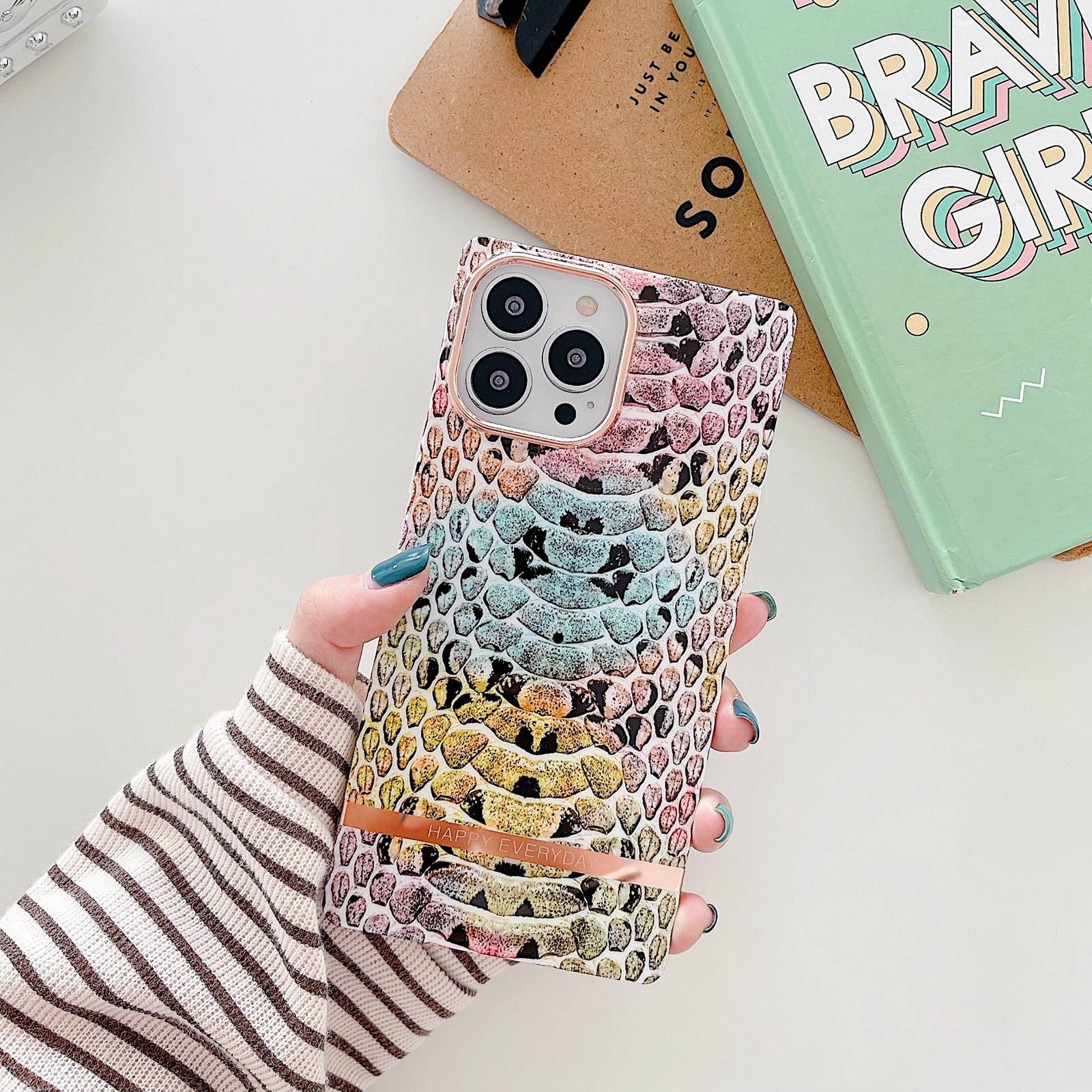 For iPhone 14 Plus Square Plating Gold Edge Phone Case(Multicolor Python) For iPhone 14 Plus Square Plating Gold Edge Phone Case(Multicolor Python)