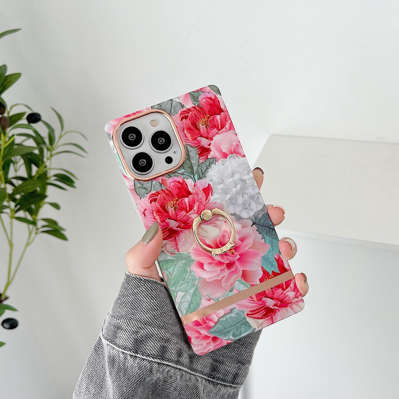 For iPhone 14 Plus Ring Holder Square Plating Gold Edge Phone Case(Full Screen Rose) For iPhone 14 Plus Ring Holder Square Plating Gold Edge Phone Case(Full Screen Rose)