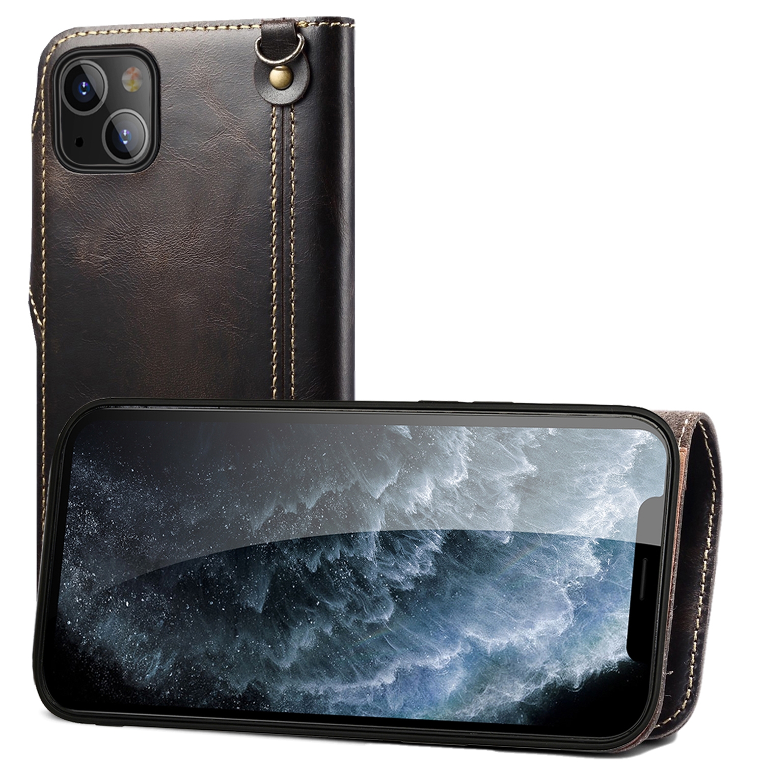 For iPhone 14 Plus Denior Oil Wax Cowhide Magnetic Button Genuine Leather Case(Black) For iPhone 14 Plus Denior Oil Wax Cowhide Magnetic Button Genuine Leather Case(Black)