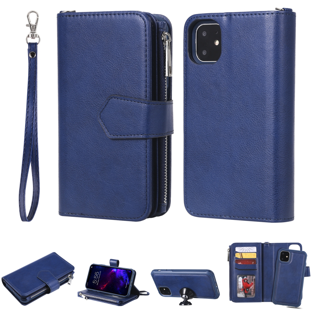 For iPhone 11 2 in 1 Solid Color Zipper Shockproof Protective Case with Card Slots & Bracket & Photo Holder & Wallet Function(Blue) For iPhone 11 2 in 1 Solid Color Zipper Shockproof Protective Case with Card Slots & Bracket & Photo Holder & Wallet Function(Blue)