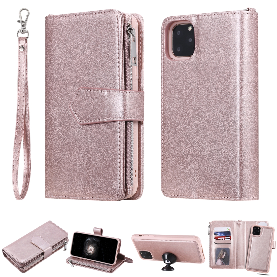 For iPhone 11 Pro Max 2 in 1 Solid Color Zipper Shockproof Protective Case with Card Slots & Bracket & Photo Holder & Wallet Function(Rose Gold) For iPhone 11 Pro Max 2 in 1 Solid Color Zipper Shockproof Protective Case with Card Slots & Bracket & Photo Holder & Wallet Function(Rose Gold)