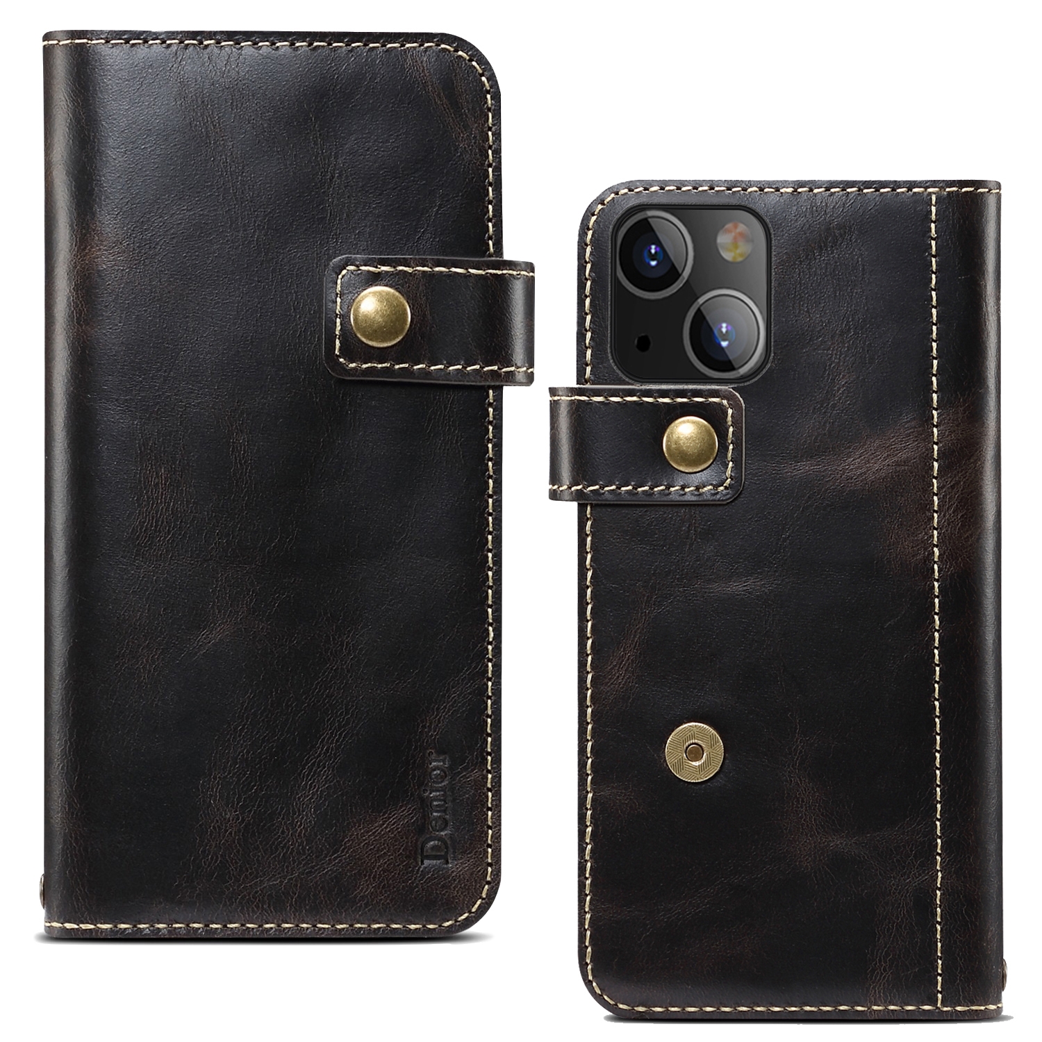 For iPhone 14 Plus Denior Oil Wax Cowhide DK Magnetic Button Leather Phone Case(Black) For iPhone 14 Plus Denior Oil Wax Cowhide DK Magnetic Button Leather Phone Case(Black)