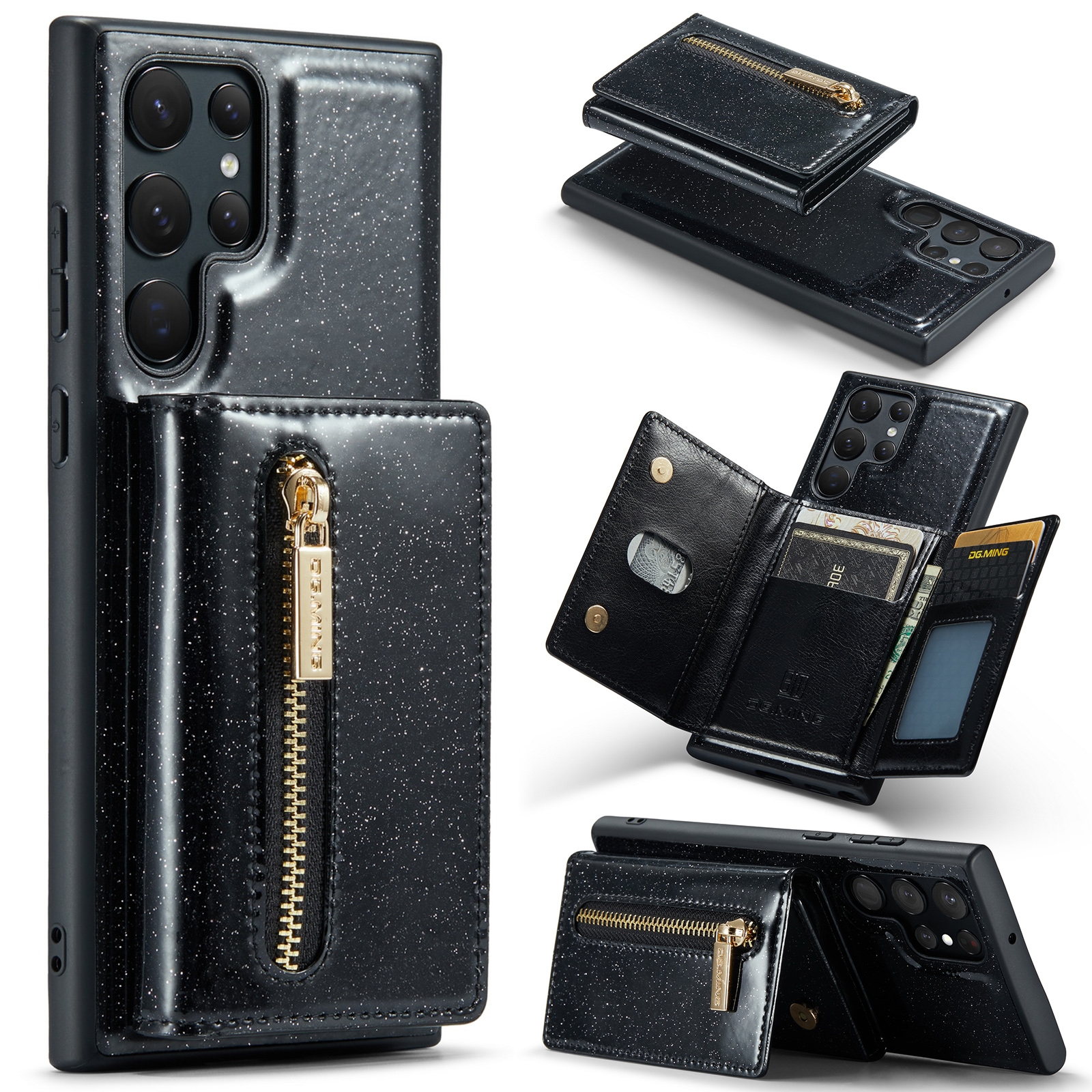 For Samsung Galaxy S22 Ultra 5G DG.MING M3 Series Glitter Powder Card Bag Leather Case(Black) For Samsung Galaxy S22 Ultra 5G DG.MING M3 Series Glitter Powder Card Bag Leather Case(Black)