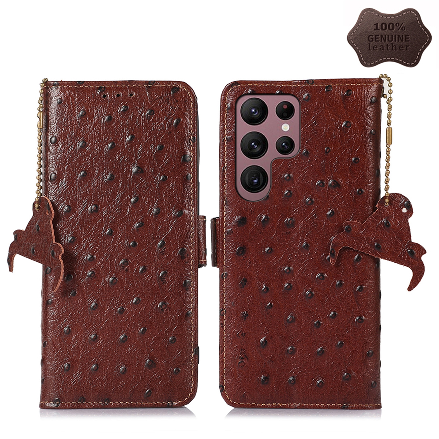 For Samsung Galaxy S23 Ultra 5G Ostrich Pattern Genuine Leather RFID Phone Case(Coffee)