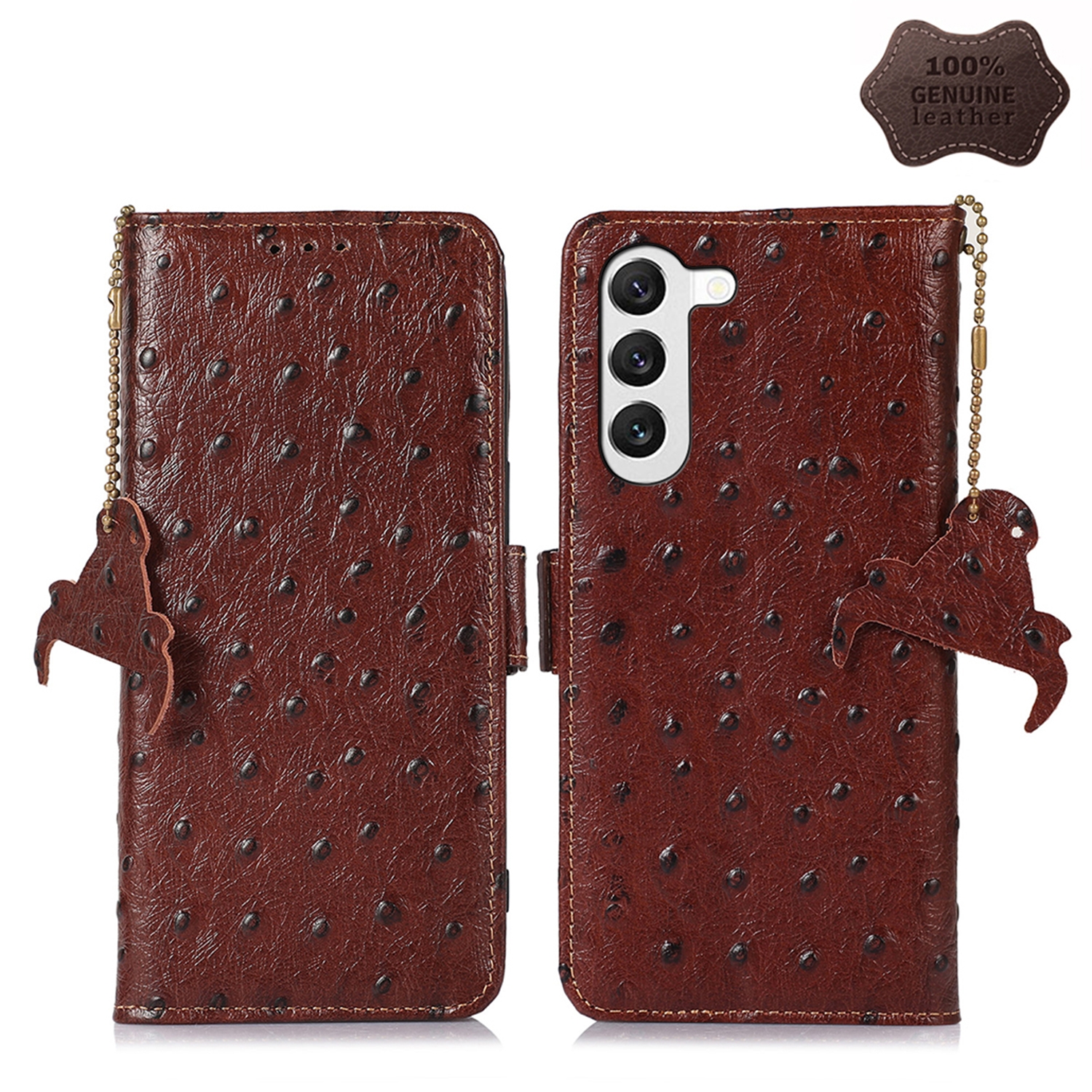 For Samsung Galaxy S22 5G Ostrich Pattern Genuine Leather RFID Phone Case(Coffee) For Samsung Galaxy S22 5G Ostrich Pattern Genuine Leather RFID Phone Case(Coffee)
