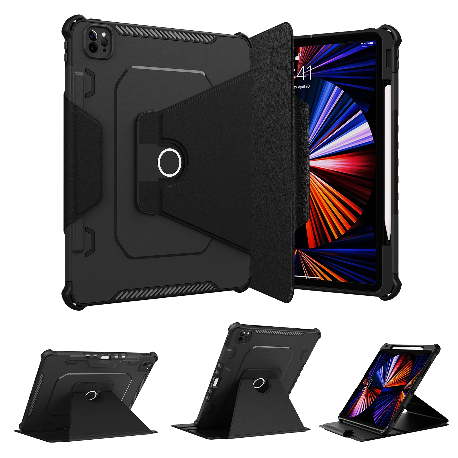 360 Degree Rotating Armored Smart Tablet Leather Case For iPad Pro 12.9 inch 2022/2021/2020/2018(Black)