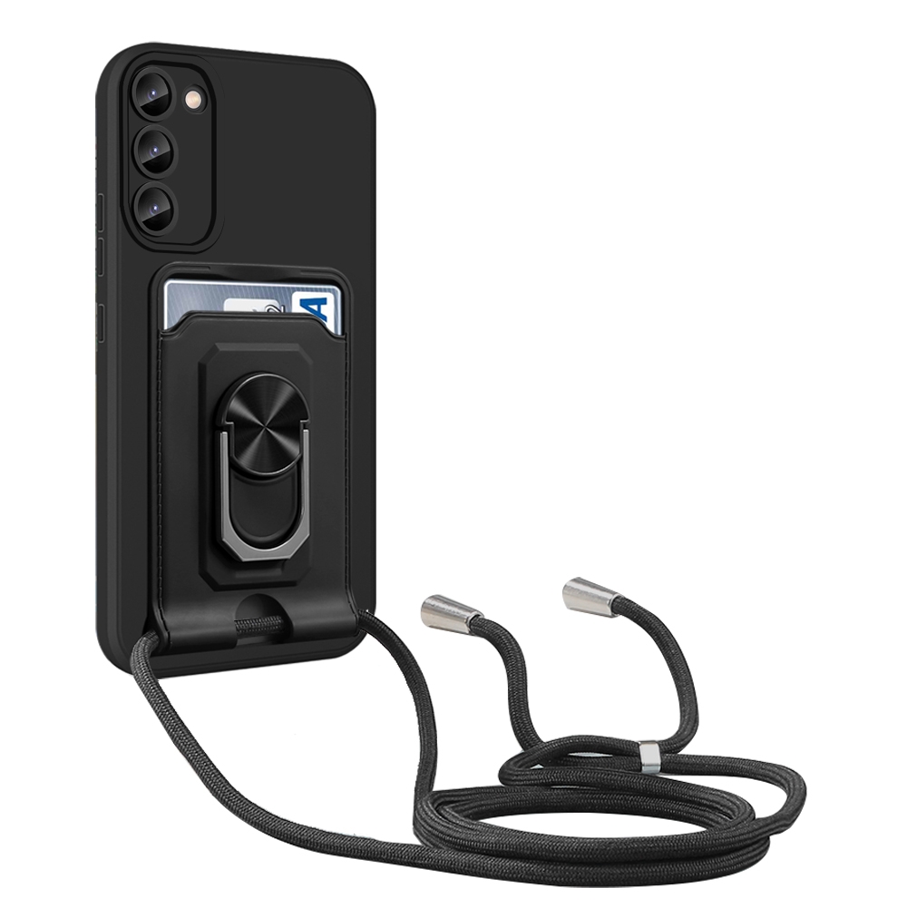 For Samsung Galaxy S23+ 5G Ring Kickstand Card Wallet TPU Phone Case with Lanyard(Black) For Samsung Galaxy S23+ 5G Ring Kickstand Card Wallet TPU Phone Case with Lanyard(Black)