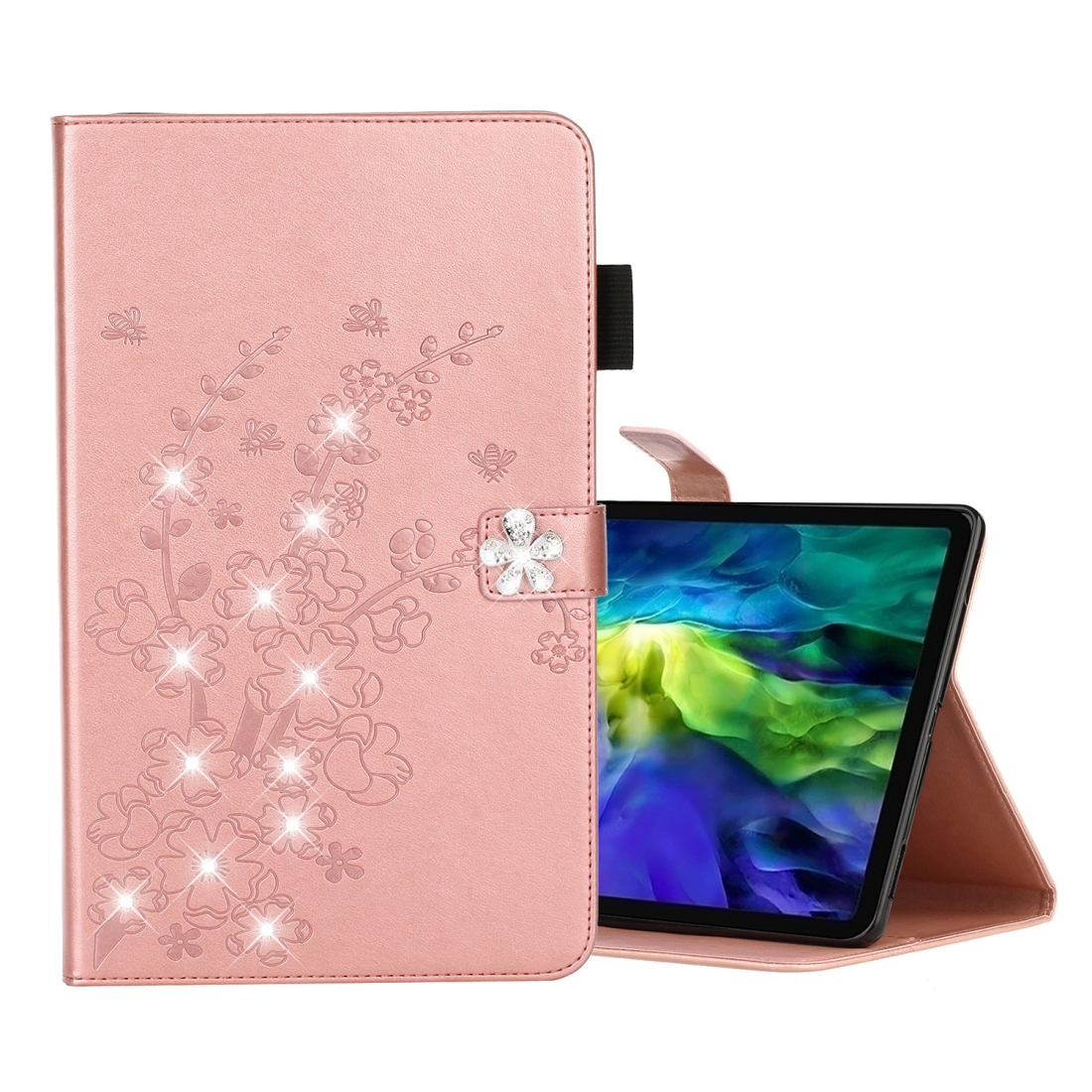 For iPad Pro 11 (2020) Diamond Encrusted Plum Blossom Embossing Pattern Horizontal Flip Leather Tablet Case with Holder & Card Slot(Rose Gold)