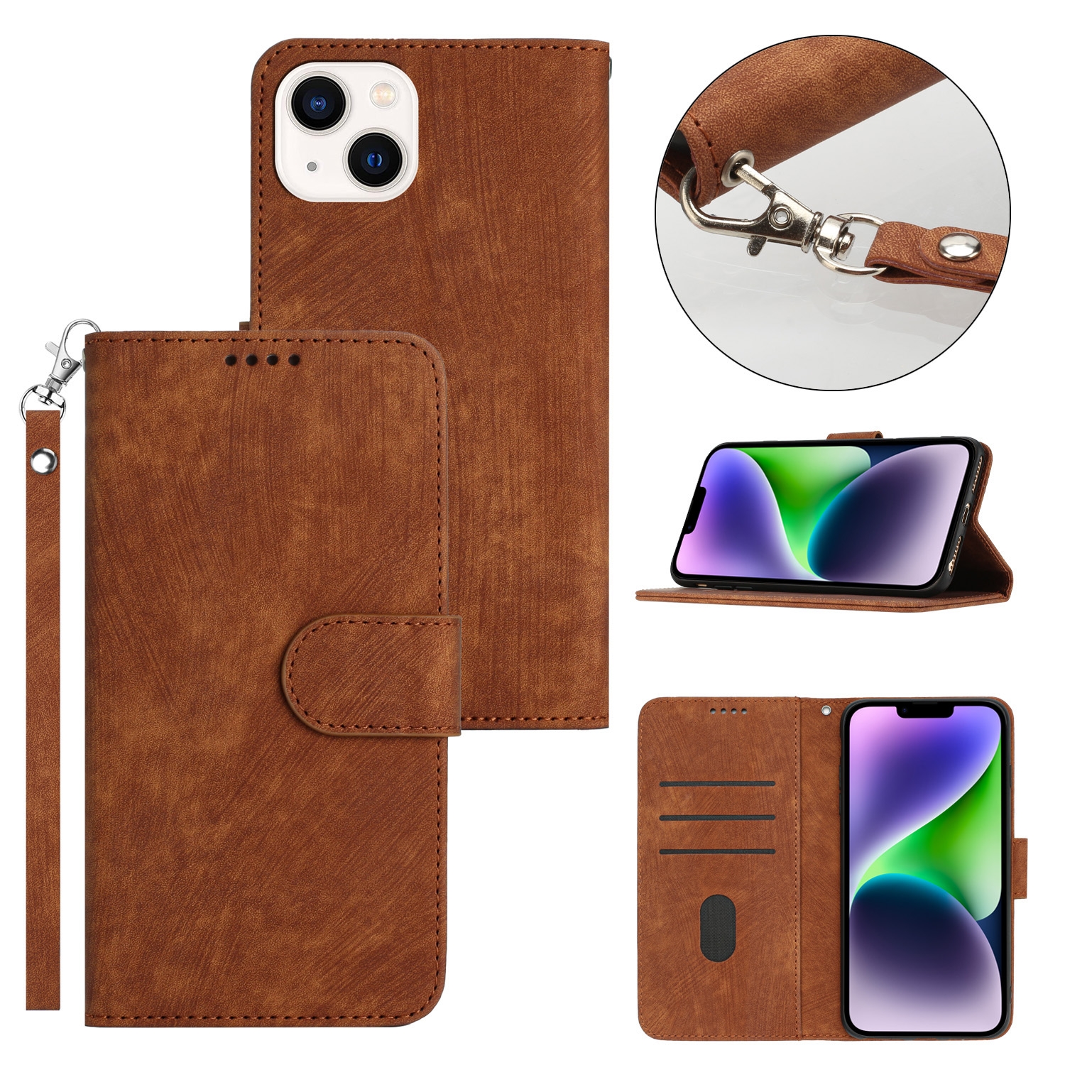 For iPhone 14 Plus Dual-Fold Stripe Texture Buckle Leather Phone Case(Brown) For iPhone 14 Plus Dual-Fold Stripe Texture Buckle Leather Phone Case(Brown)