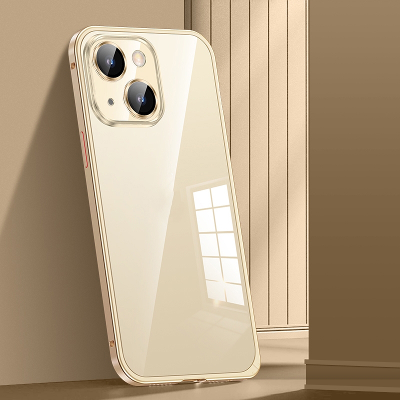 For iPhone 14 Spring Buckle Metal Transparent Phone Case with Lens Protection(Gold) For iPhone 14 Spring Buckle Metal Transparent Phone Case with Lens Protection(Gold)