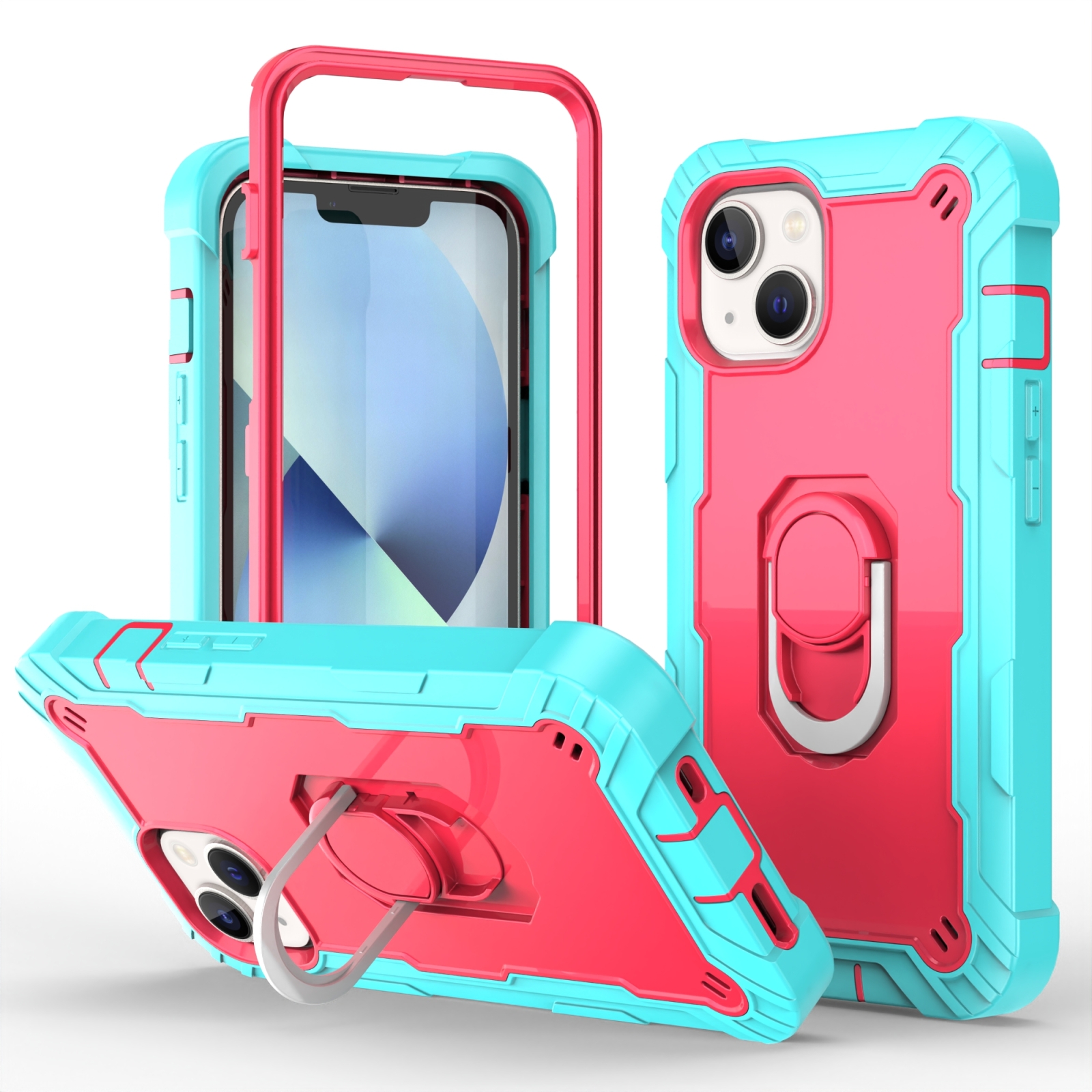 For iPhone 14 Two-color Ring Holder Phone Case(Mint Green + Rose Red) For iPhone 14 Two-color Ring Holder Phone Case(Mint Green + Rose Red)