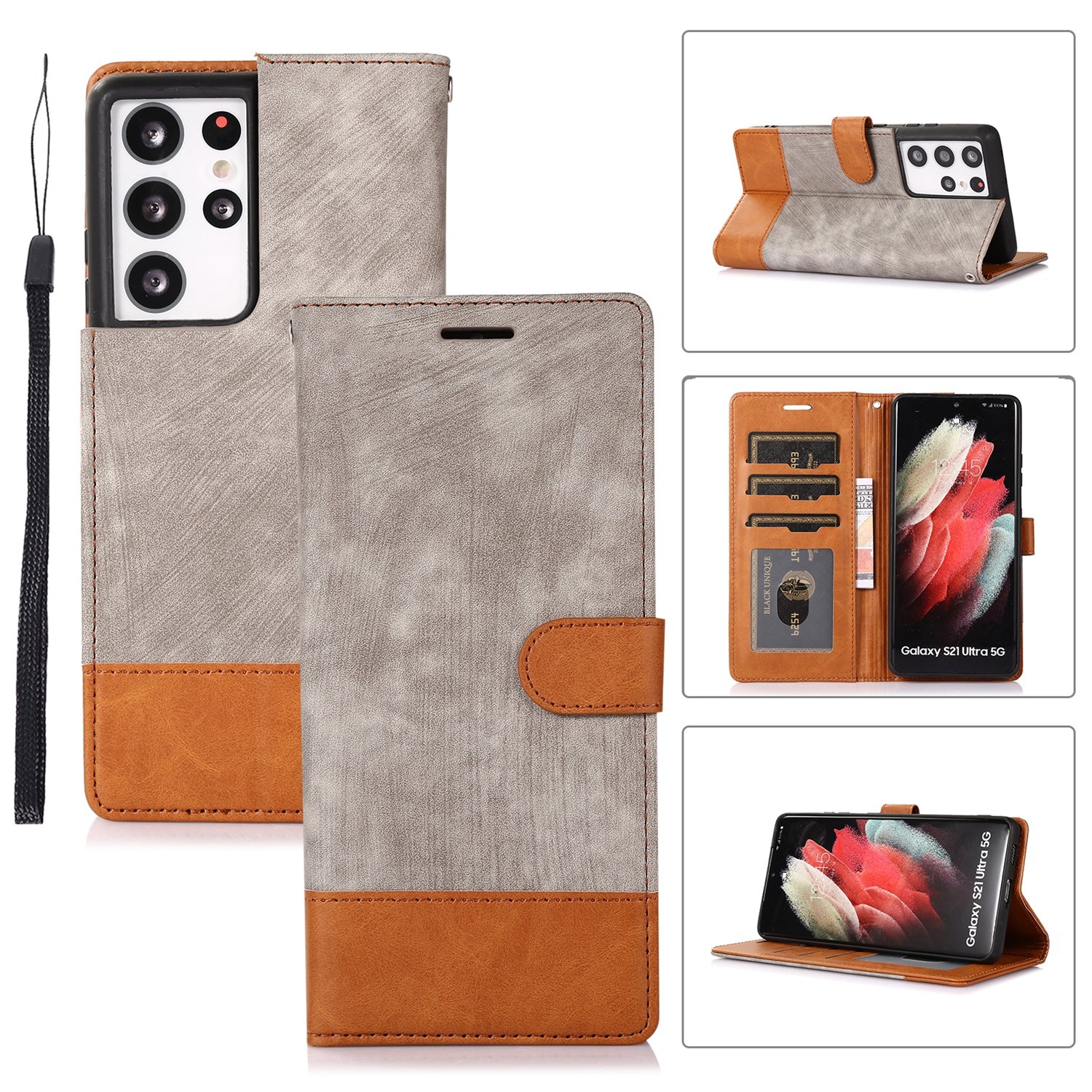 For Samsung Galaxy S21 Ultra 5G Splicing Leather Phone Case(Grey) For Samsung Galaxy S21 Ultra 5G Splicing Leather Phone Case(Grey)