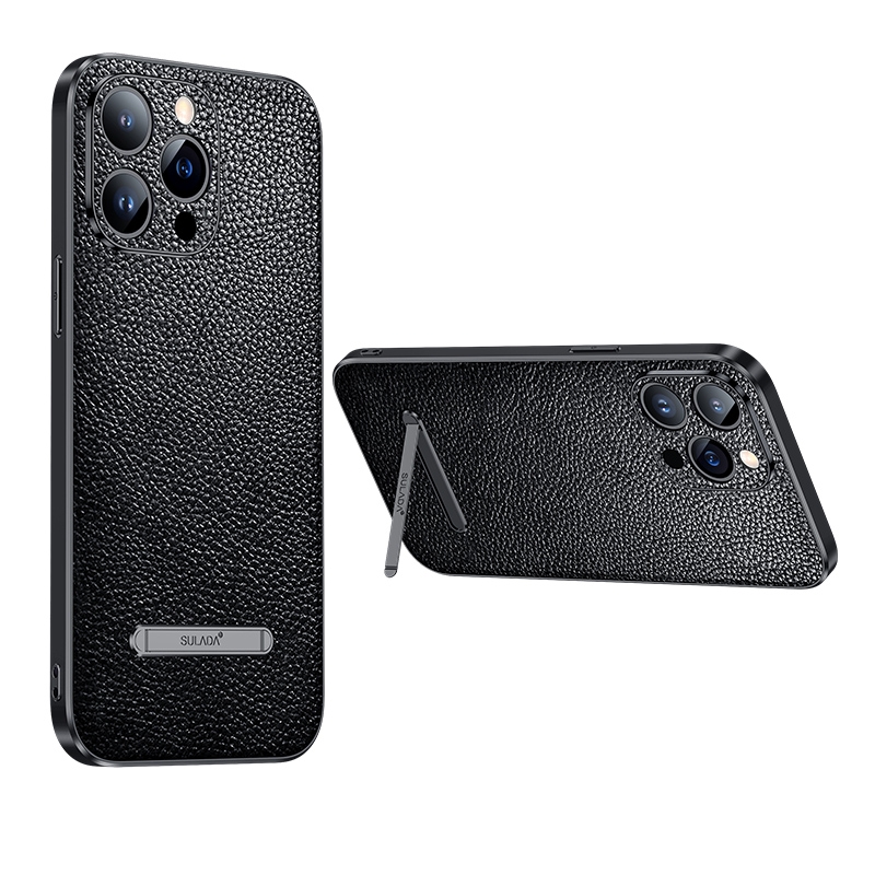 For iPhone 14 SULADA Invisible Bracket Leather Back Cover Phone Case(Black) For iPhone 14 SULADA Invisible Bracket Leather Back Cover Phone Case(Black)