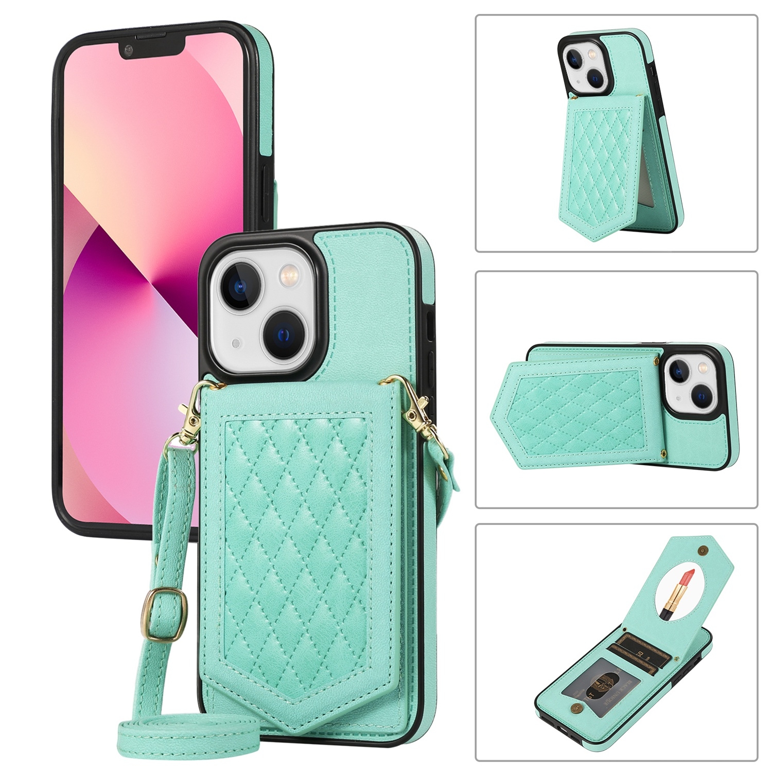 For iPhone 14 Plus Rhombic Texture RFID Phone Case with Lanyard & Mirror(Mint Green) For iPhone 14 Plus Rhombic Texture RFID Phone Case with Lanyard & Mirror(Mint Green)