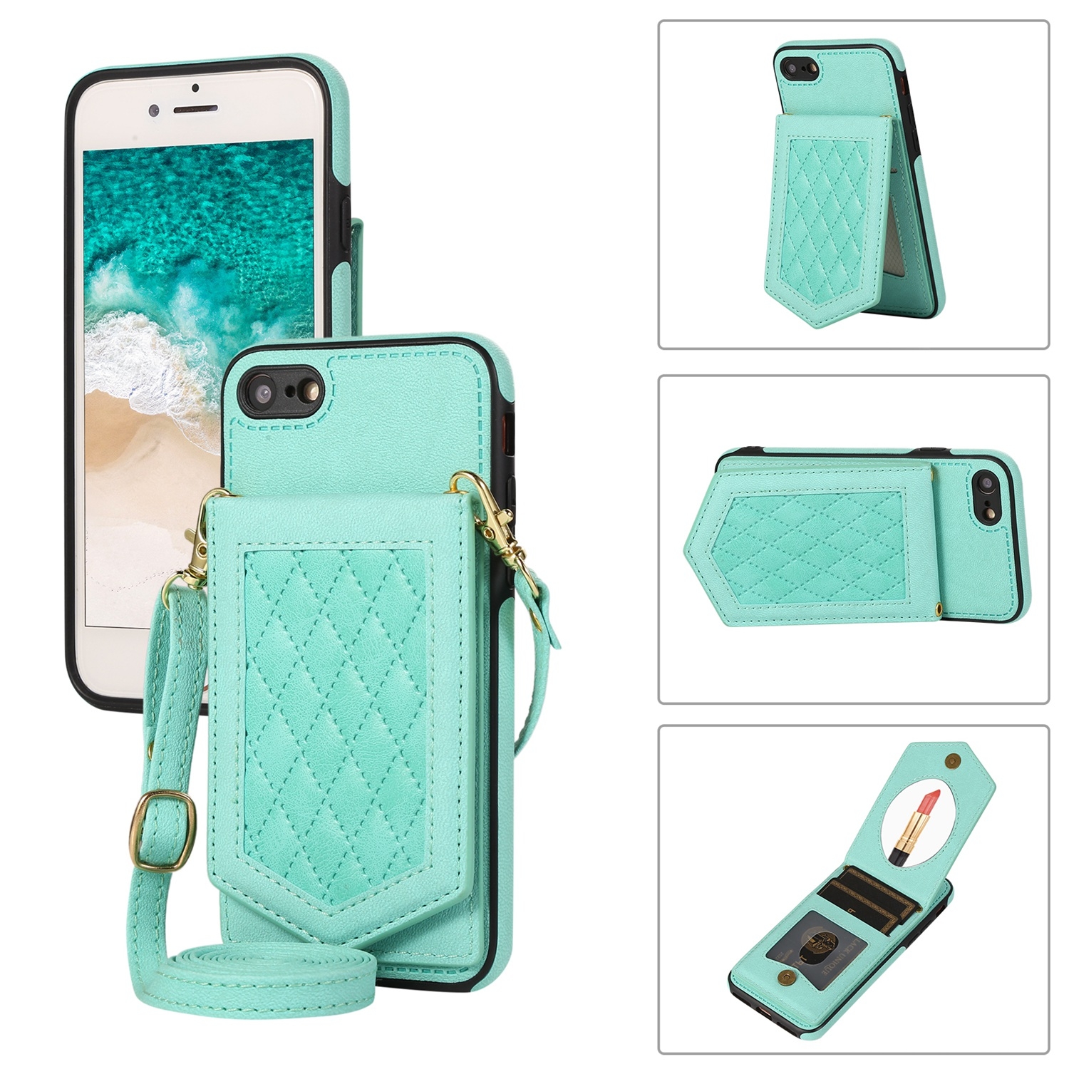 For iPhone SE 2022 / SE 2020 / 8 / 7 Rhombic Texture RFID Phone Case with Lanyard & Mirror(Mint Green) For iPhone SE 2022 / SE 2020 / 8 / 7 Rhombic Texture RFID Phone Case with Lanyard & Mirror(Mint Green)