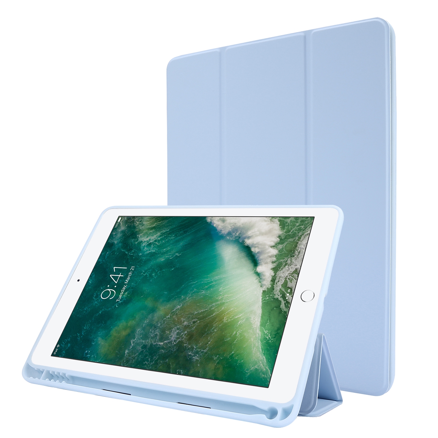 Skin Feel Pen Holder Tri-fold Tablet Leather Case For iPad Air 2 / Air / 9.7 2018 / 9.7 2017(Light Blue) Skin Feel Pen Holder Tri-fold Tablet Leather Case For iPad Air 2 / Air / 9.7 2018 / 9.7 2017(Light Blue)