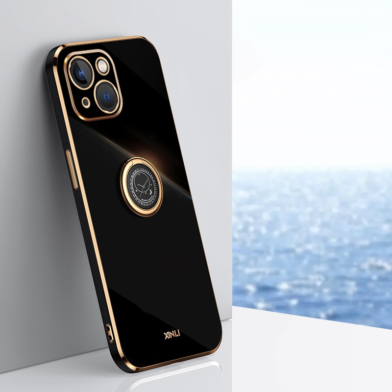 For iPhone 14 Plus XINLI Straight Edge 6D Electroplate TPU Phone Case with Ring Holder(Black) For iPhone 14 Plus XINLI Straight Edge 6D Electroplate TPU Phone Case with Ring Holder(Black)