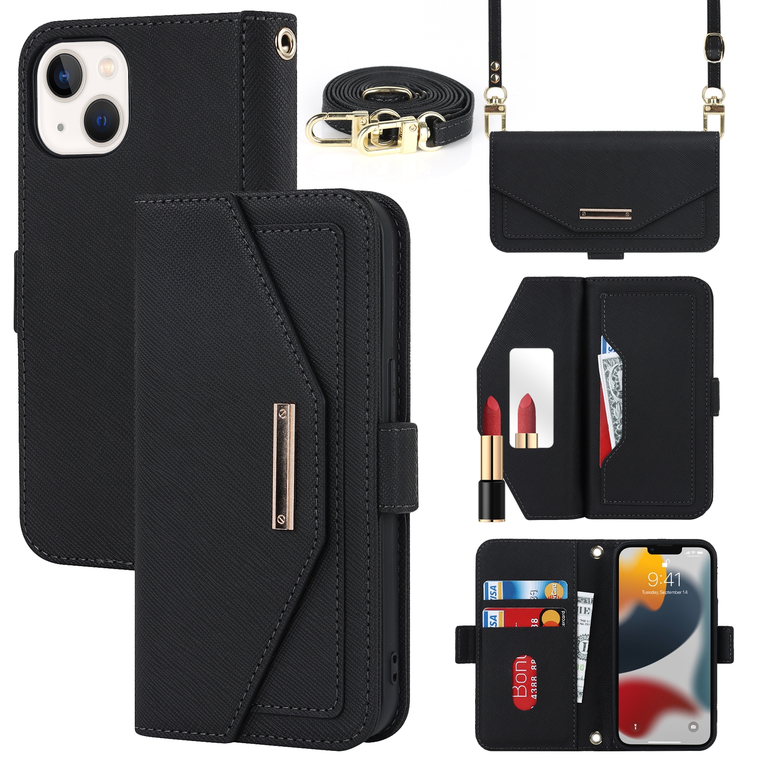 For iPhone 13 mini Cross Texture Lanyard Leather Phone Case(Black) For iPhone 13 mini Cross Texture Lanyard Leather Phone Case(Black)