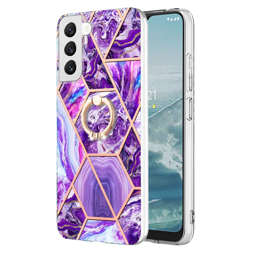 For Samsung Galaxy S23+ 5G Splicing Marble Flower IMD TPU Phone Case Ring Holder(Dark Purple)