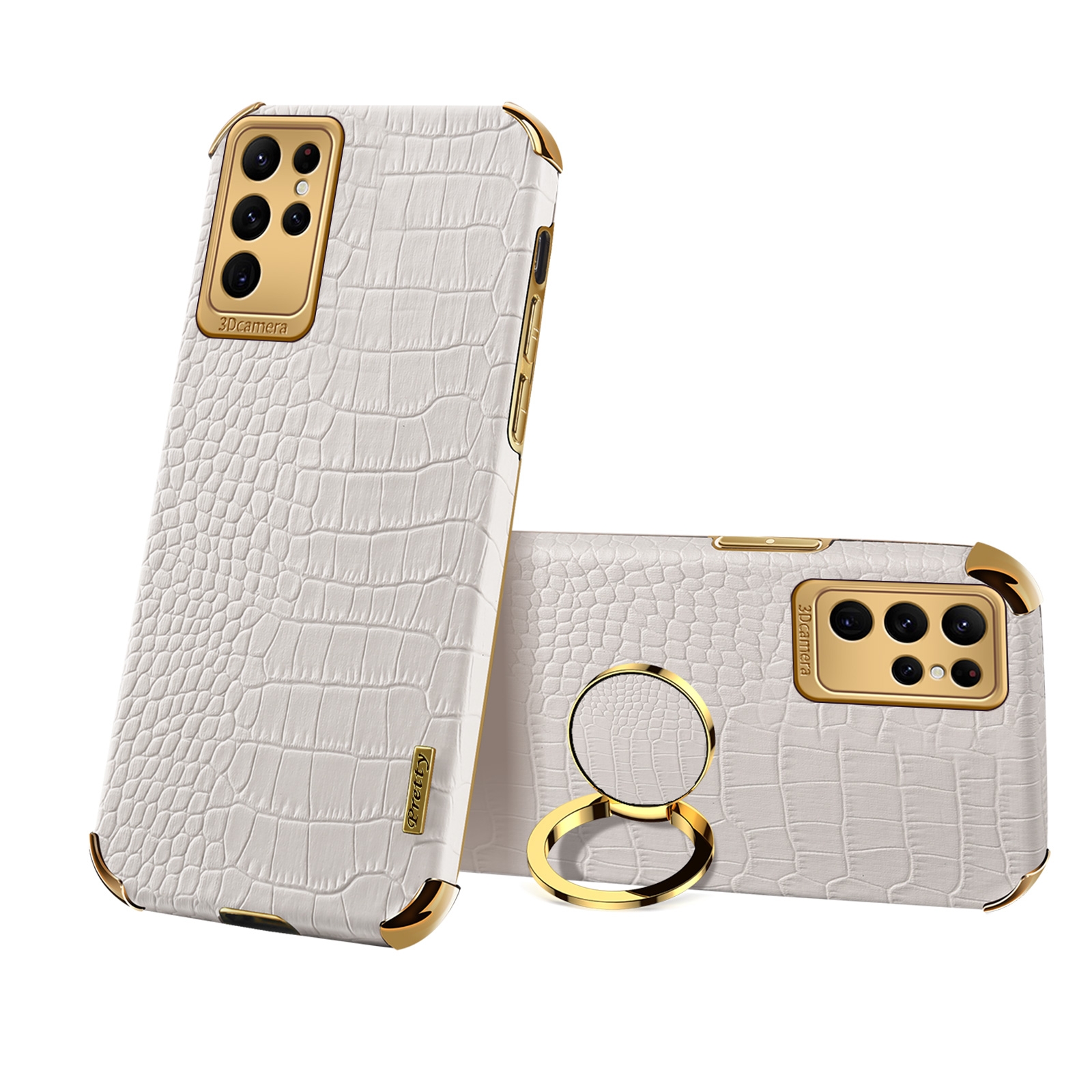 For Samsung Galaxy S23 Ultra 5G 6D Electroplating Crocodile Texture Phone Case With Holder(White) For Samsung Galaxy S23 Ultra 5G 6D Electroplating Crocodile Texture Phone Case With Holder(White)