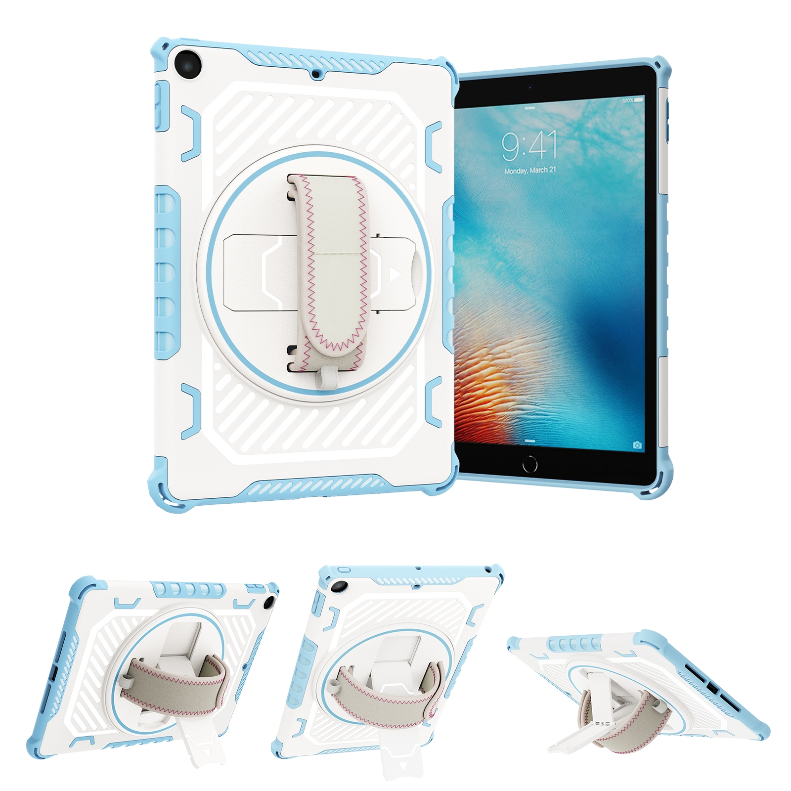 For iPad 9.7 2018/2017 Shockproof Tablet Case with Holder & Hand Strap(Blue) For iPad 9.7 2018/2017 Shockproof Tablet Case with Holder & Hand Strap(Blue)
