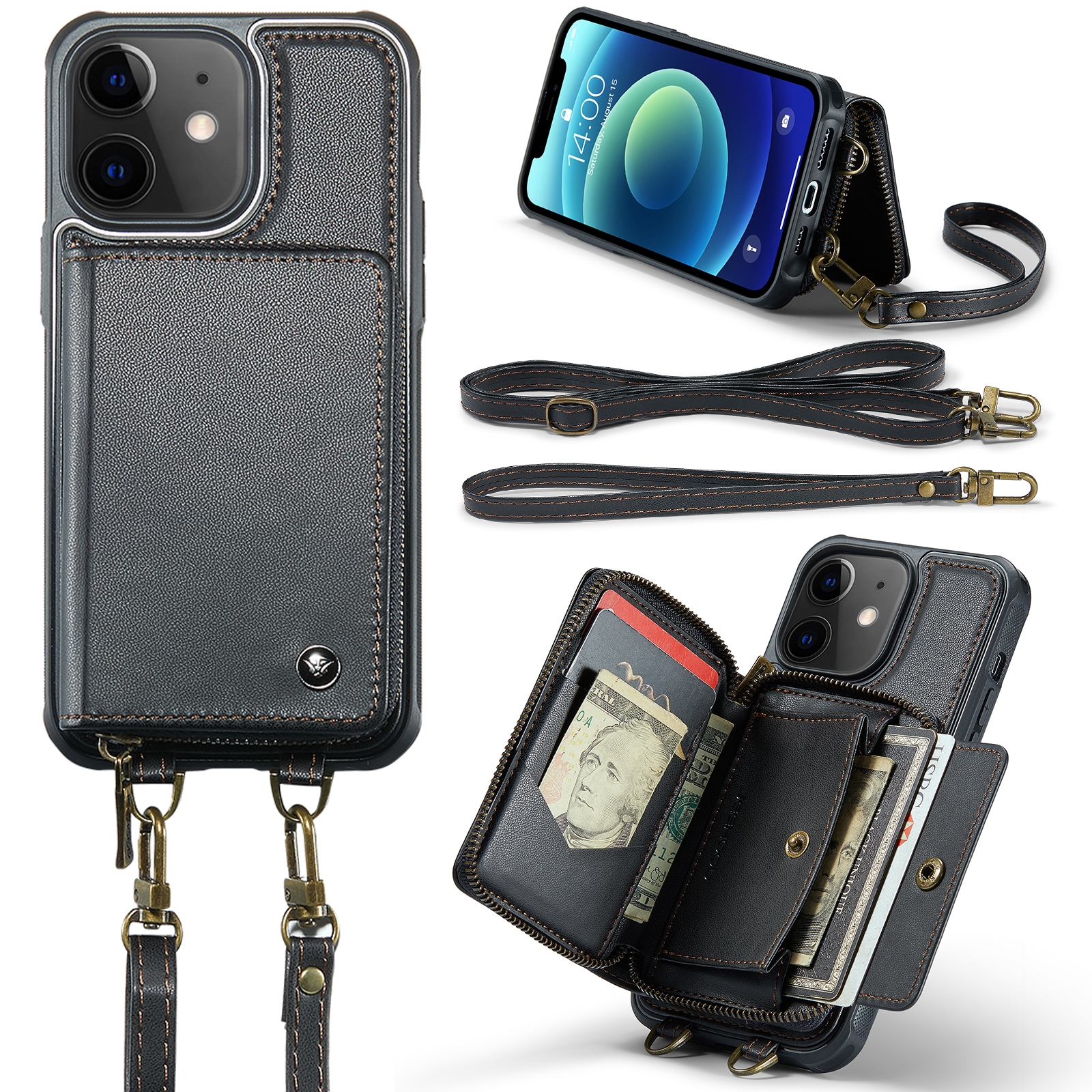 For iPhone 12 JEEHOOD C22 Series Zipper Wallet Leather Phone Case with Dual Lanyard(Black) For iPhone 12 JEEHOOD C22 Series Zipper Wallet Leather Phone Case with Dual Lanyard(Black)