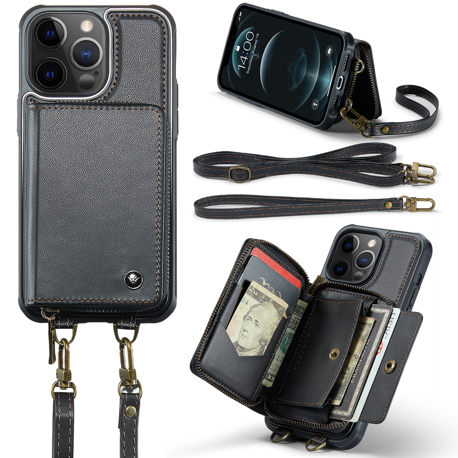 For iPhone 12 Pro Max JEEHOOD C22 Series Zipper Wallet Leather Phone Case with Dual Lanyard(Black) For iPhone 12 Pro Max JEEHOOD C22 Series Zipper Wallet Leather Phone Case with Dual Lanyard(Black)