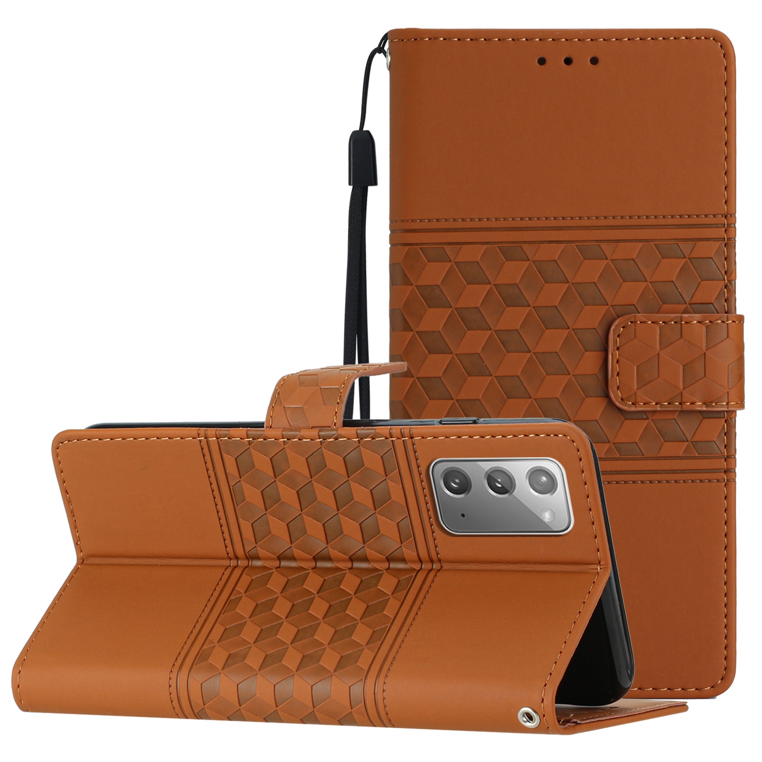 For Samsung Galaxy Note20 Diamond Embossed Skin Feel Leather Phone Case with Lanyard(Brown)